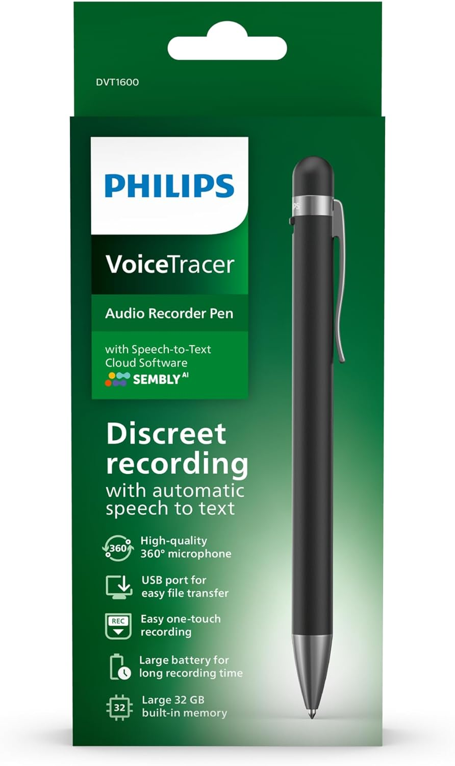Un bolígrafo grabador de audio Philips VoiceTracer con características, presentado en una caja.