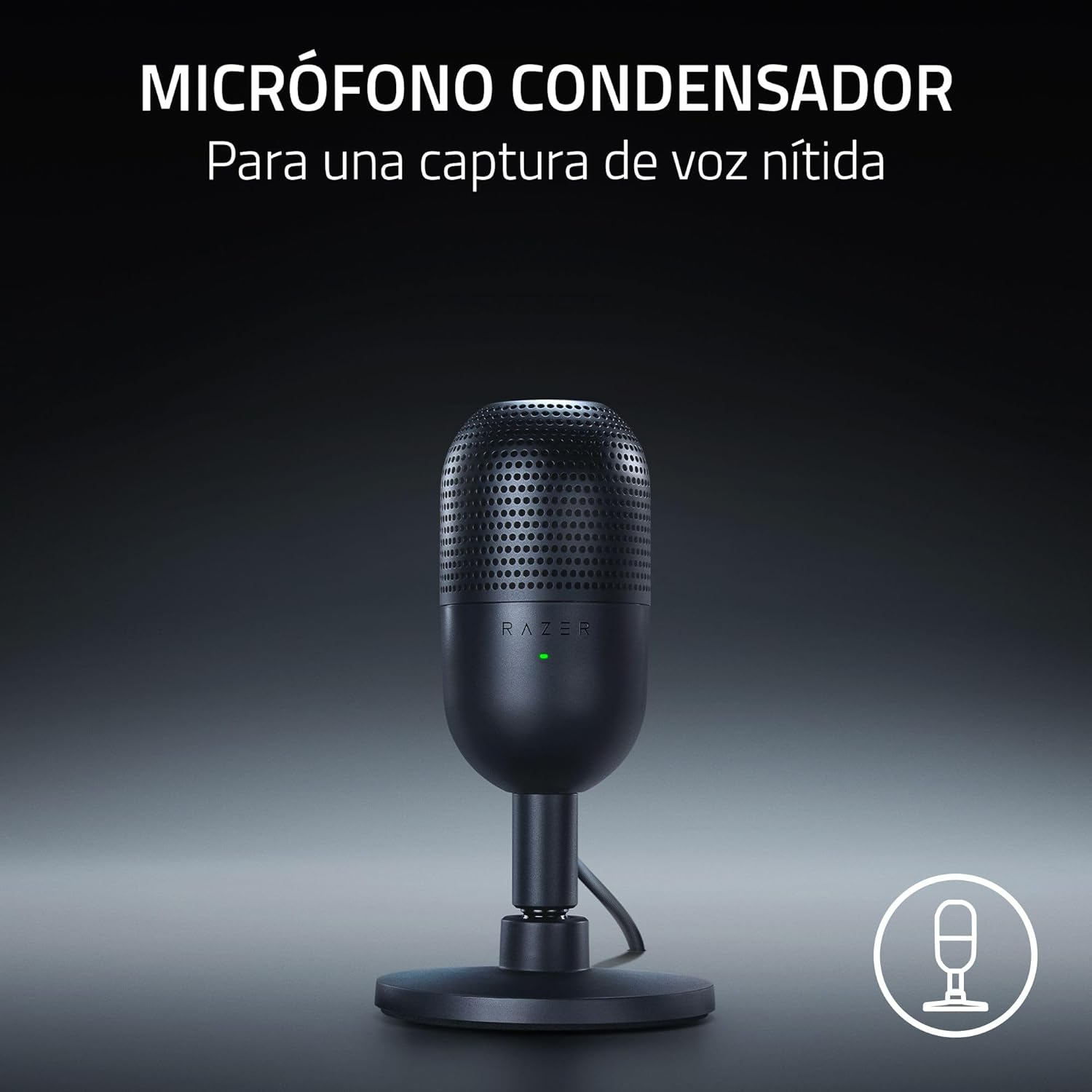 Micrófono Razer negro en soporte. Luz verde encendida. Texto: 'MICRÓFONO CONDENSADOR'.