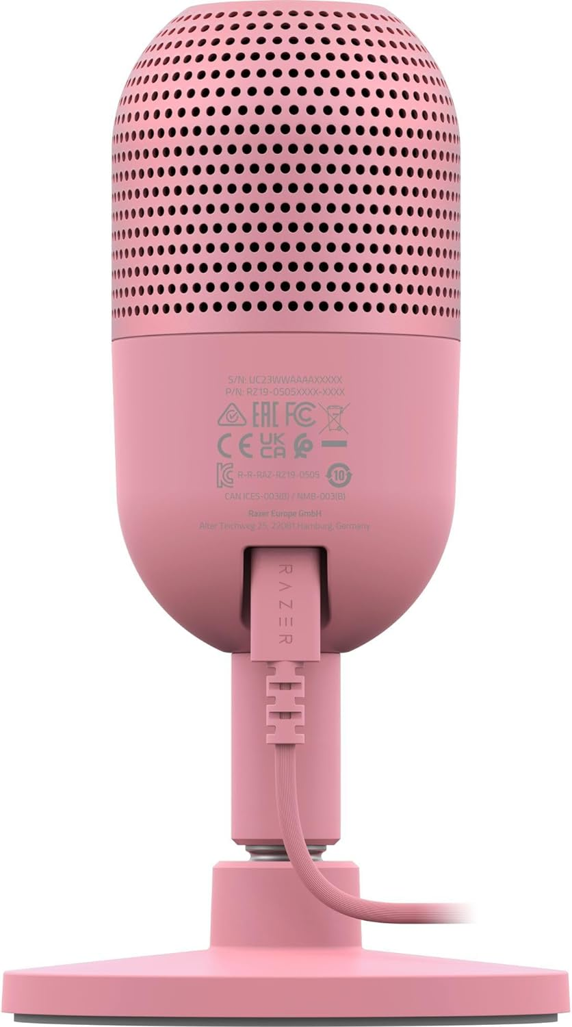 Micrófono Razer rosa con soporte, vista trasera.