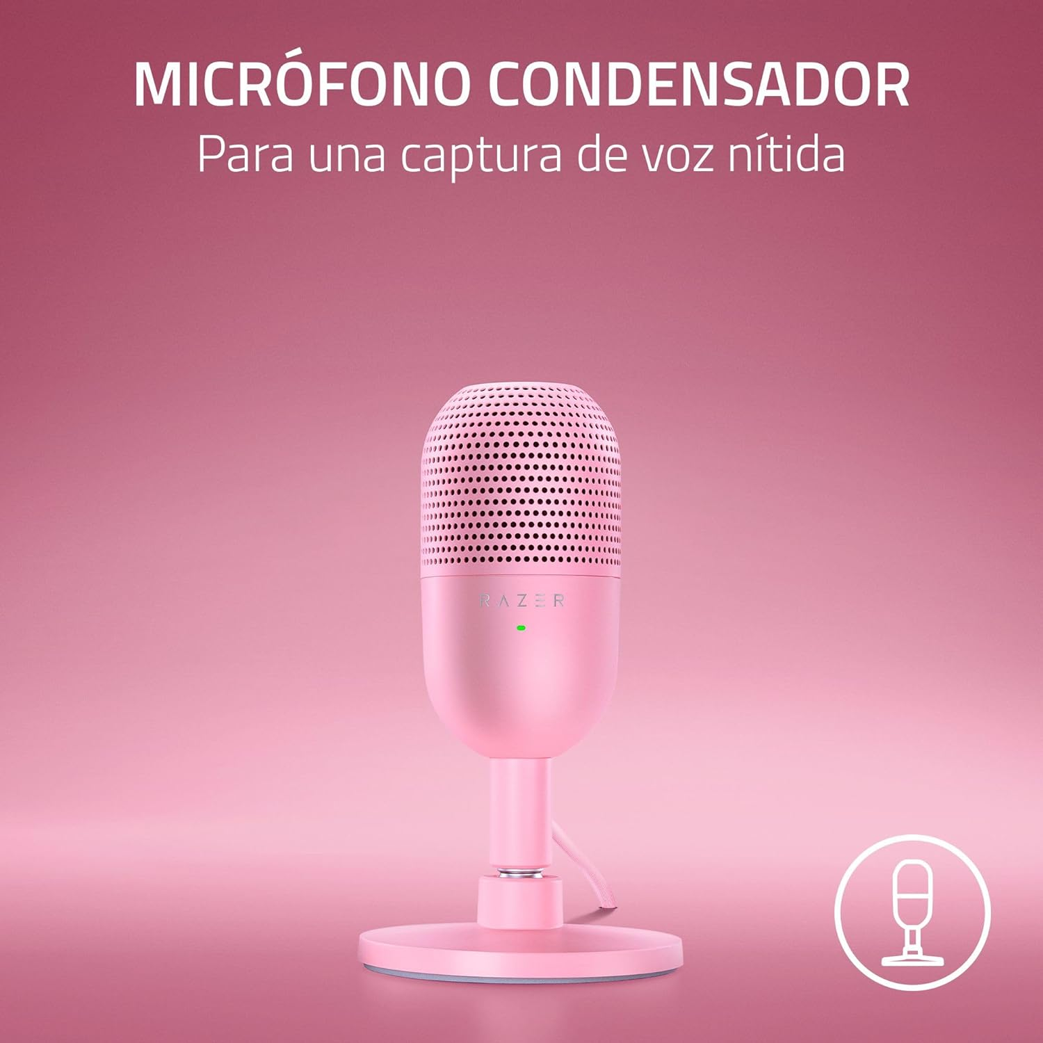 Micrófono condensador rosa sobre soporte. Fondo degradado rosa. Logotipo Razer visible.