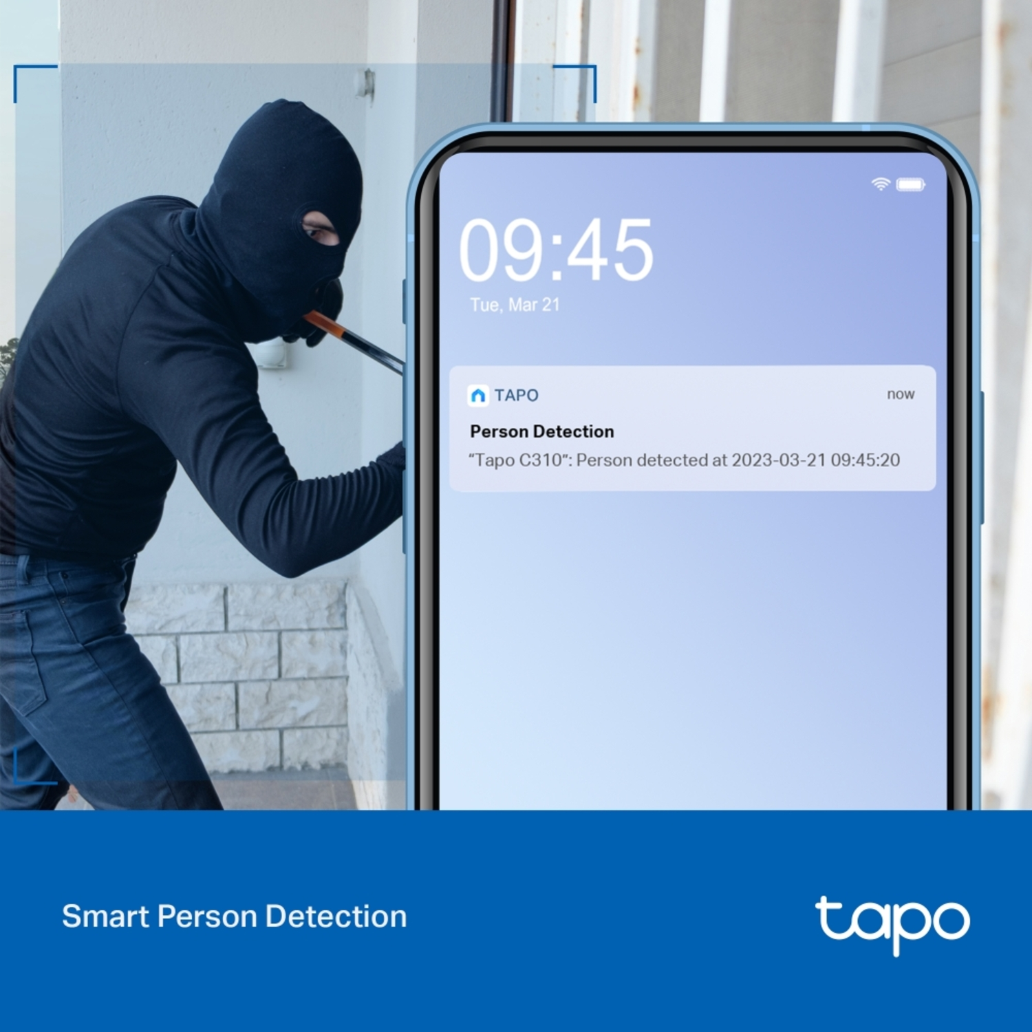 A phone displays a notification: Person detected by a security camera.
