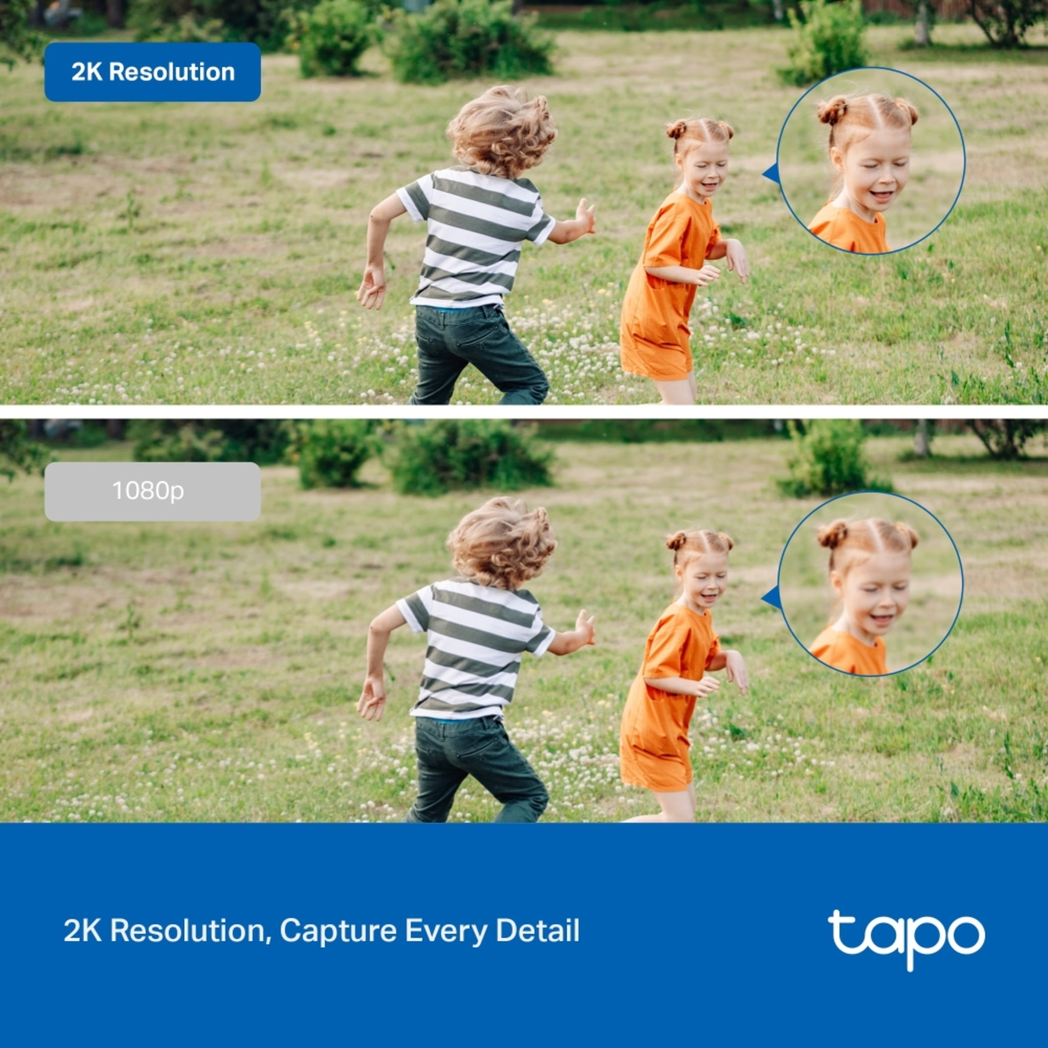Two kids run in a grassy field. One wears stripes, the other, orange. Insets show faces.