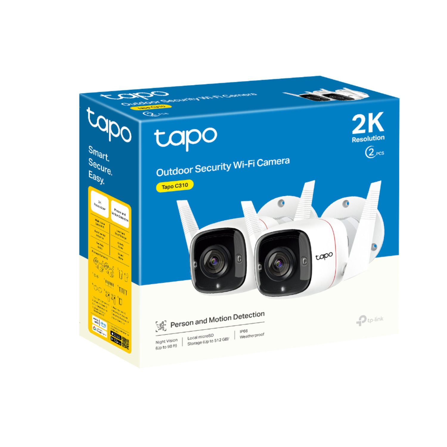 Box with two white security cameras, with antennas, and product information.