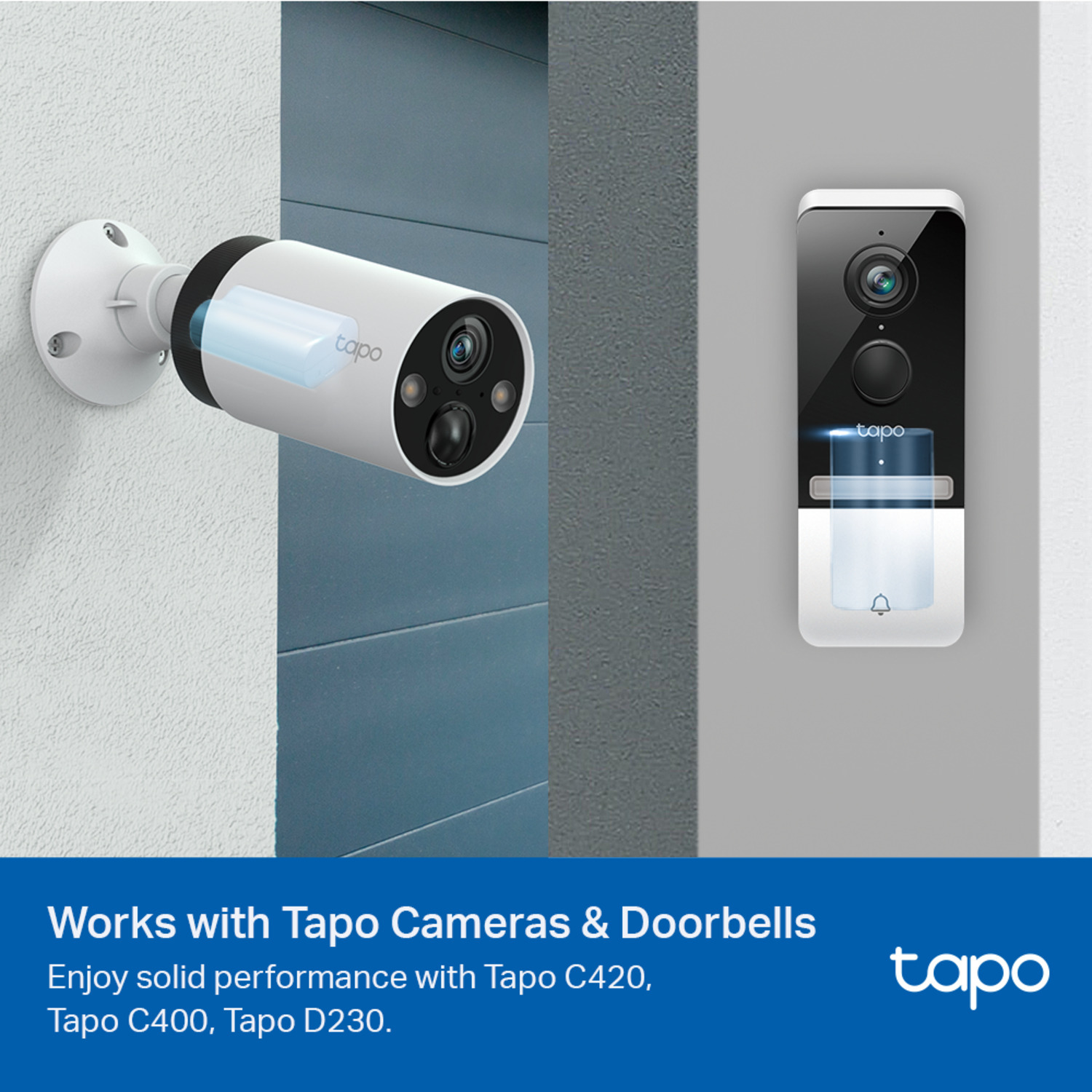 White and black smart doorbell with a camera and a separate outdoor security camera.