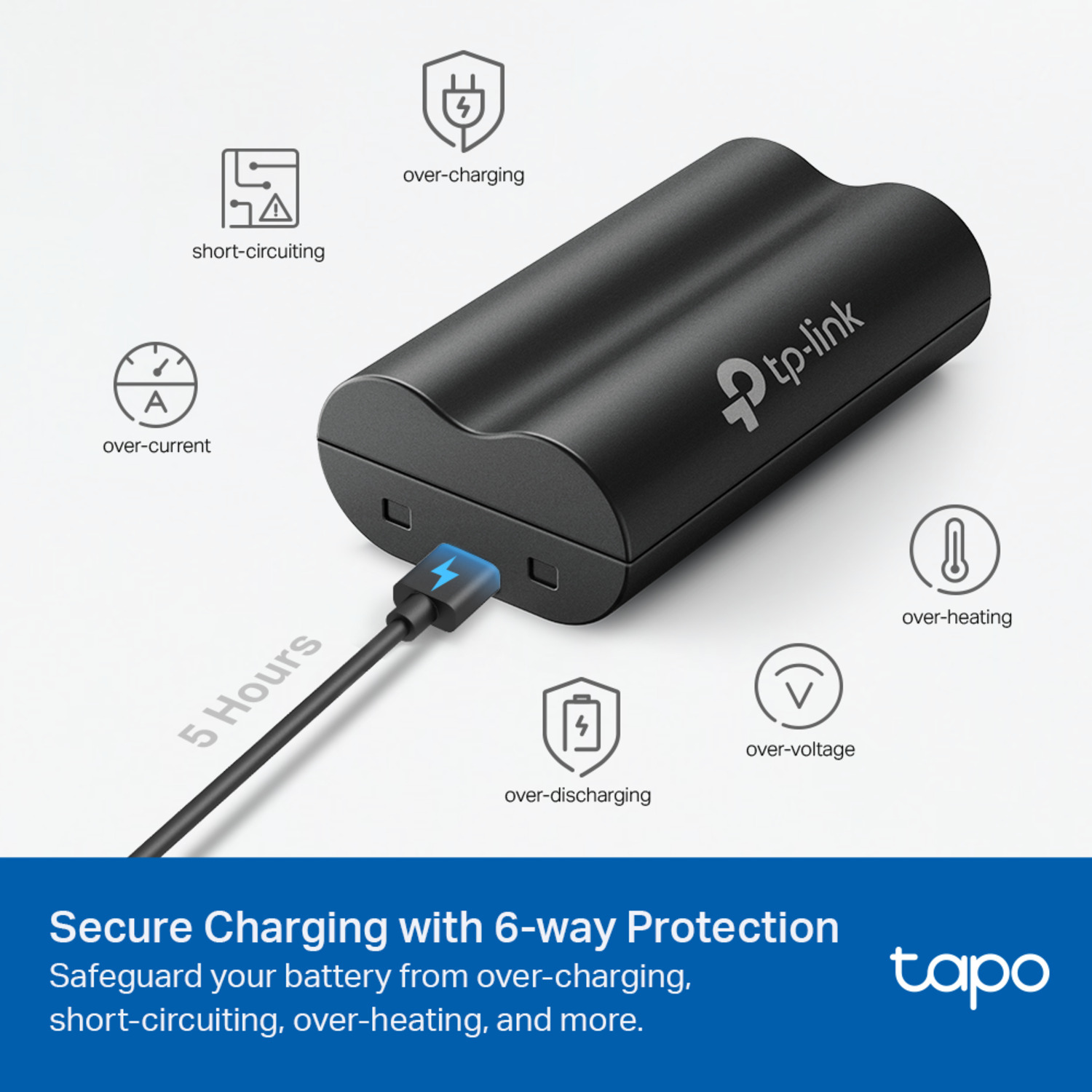 Black TP-Link battery charger with symbols for over-charging, over-current, and other protections.