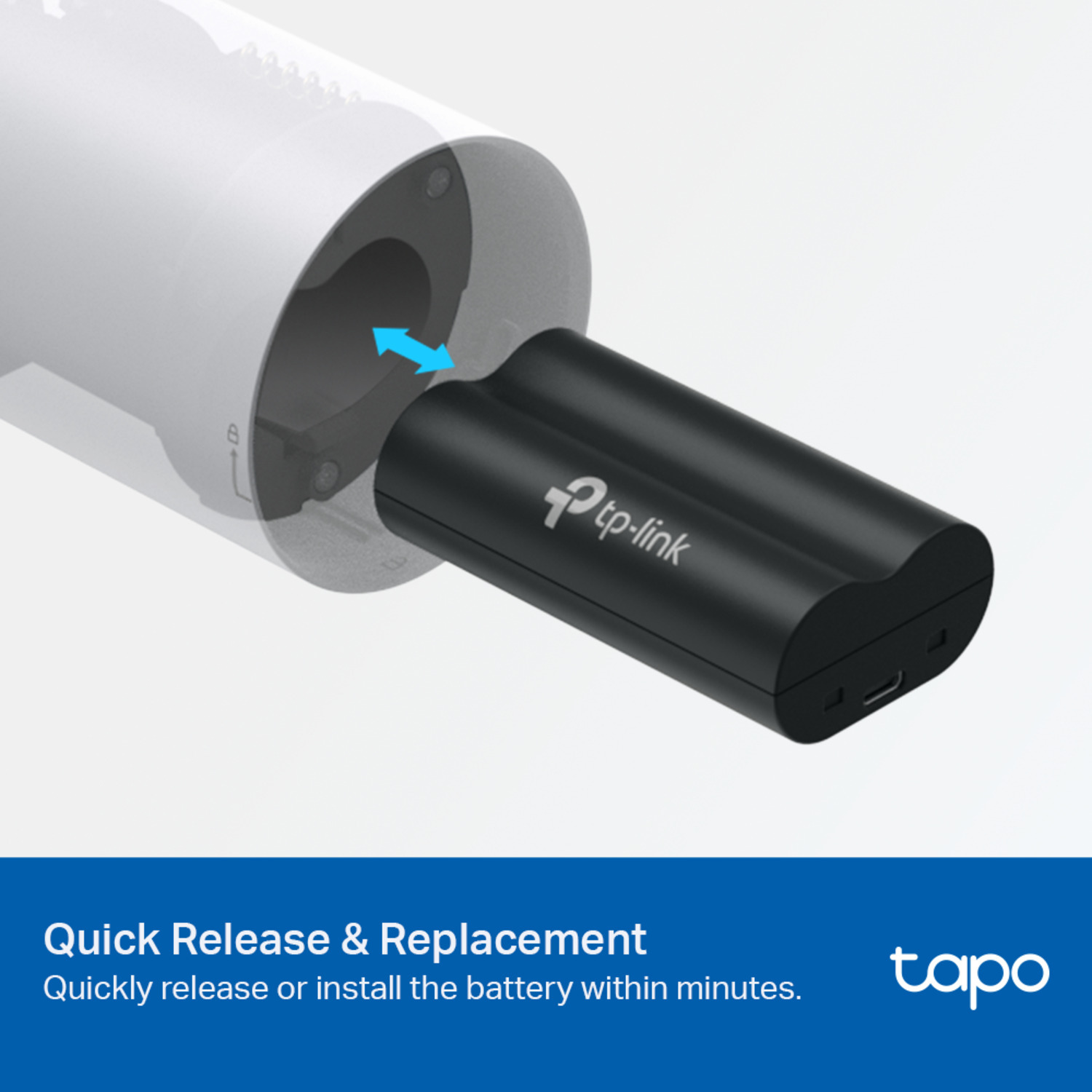 Black battery being inserted into a white Tplink device. Blue arrow.