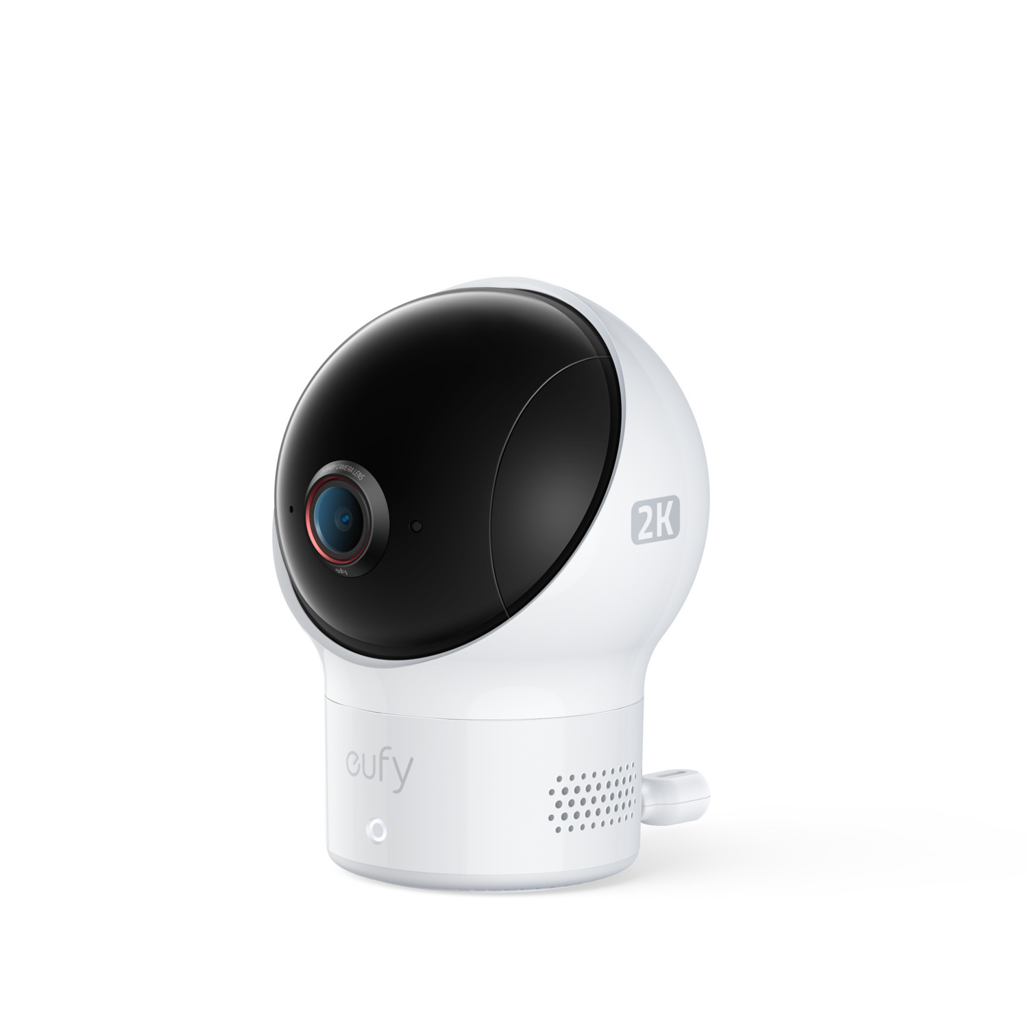 Caméra de sécurité blanche, objectif noir, résolution 2K et logo eufy.