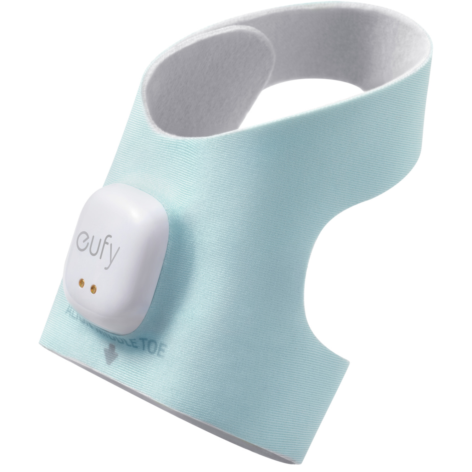 Moniteur pour bébé bleu clair, fixé à une sangle, avec le logo eufy.
