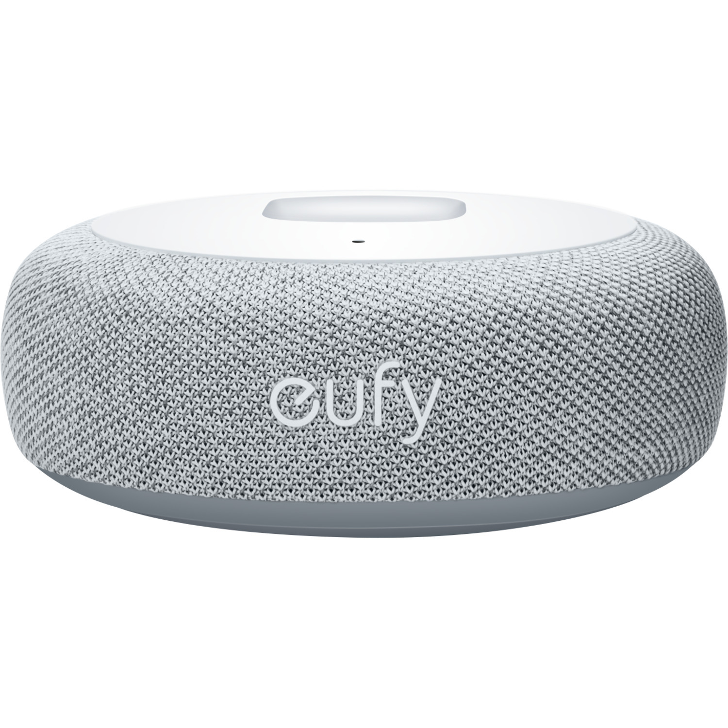 Un haut-parleur intelligent Eufy blanc et gris. Il a une forme cylindrique avec le logo 'eufy' sur le devant.