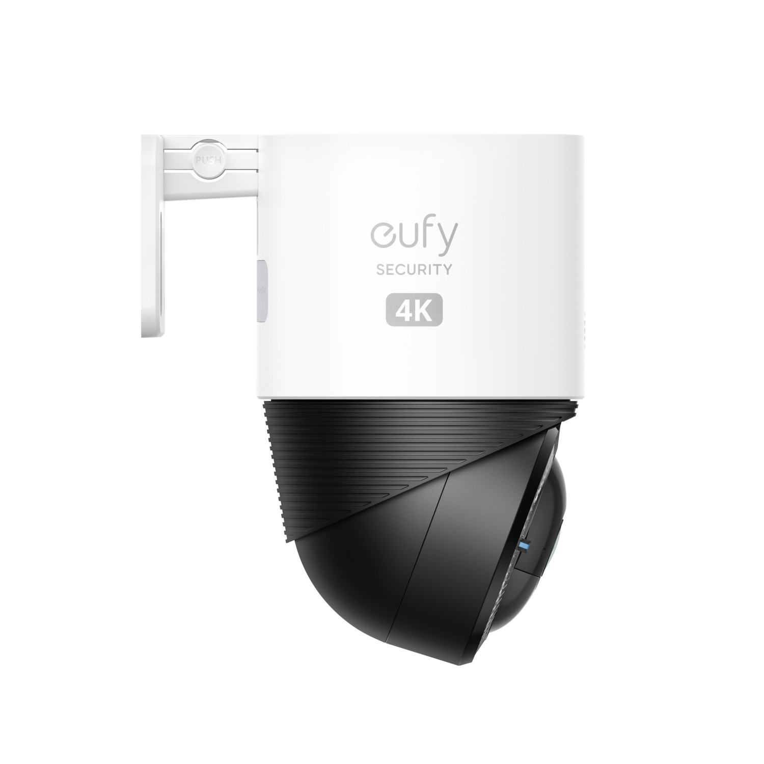 Une caméra de sécurité blanche avec un dôme noir et un support blanc. La marque est eufy SECURITY 4K.