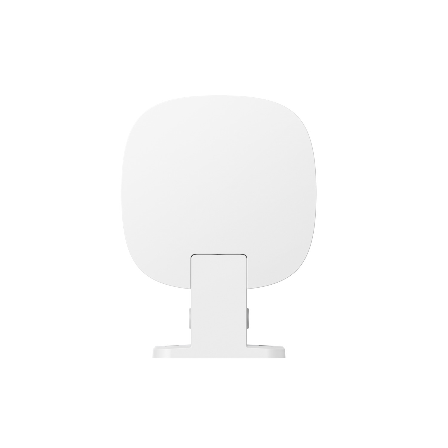 Un appareil blanc et carré avec un support est centré sur fond blanc.