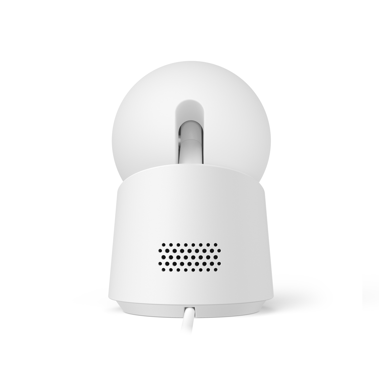 A white security camera with a rounded top, front facing, speaker holes.