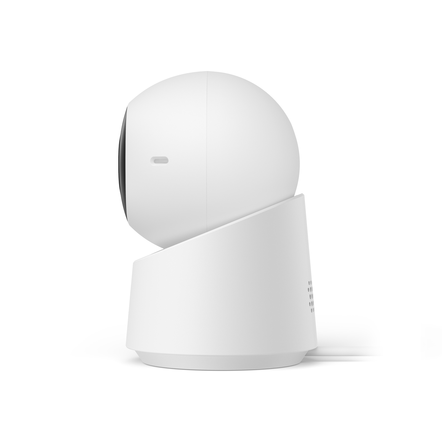 White security camera. It has a rounded top and a base. A wire is coming out of the base.
