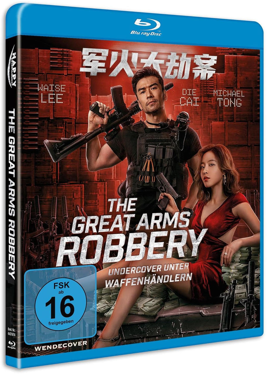 Ein Filmcover mit einem Mann und einer Frau, Waffen. Der Text lautet 'The Great Arms Robbery'.