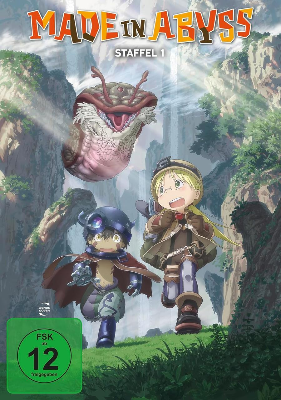 Anime-Poster von 'Made in Abyss' mit drei Figuren, die in einer Waldszene rennen.