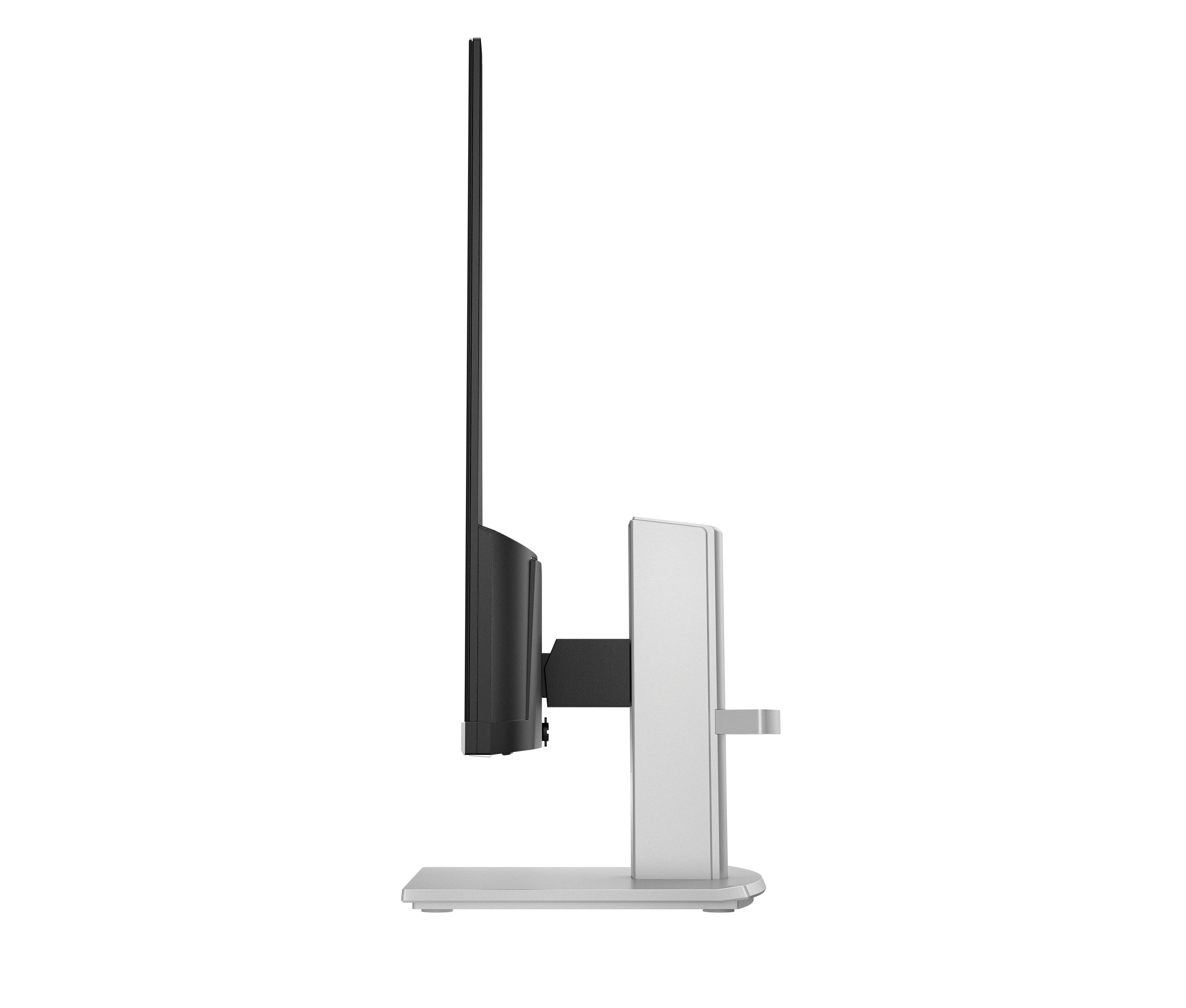 Seitenansicht eines Monitors mit schwarzem Bildschirm, weißem Ständer und schlankem Design.
