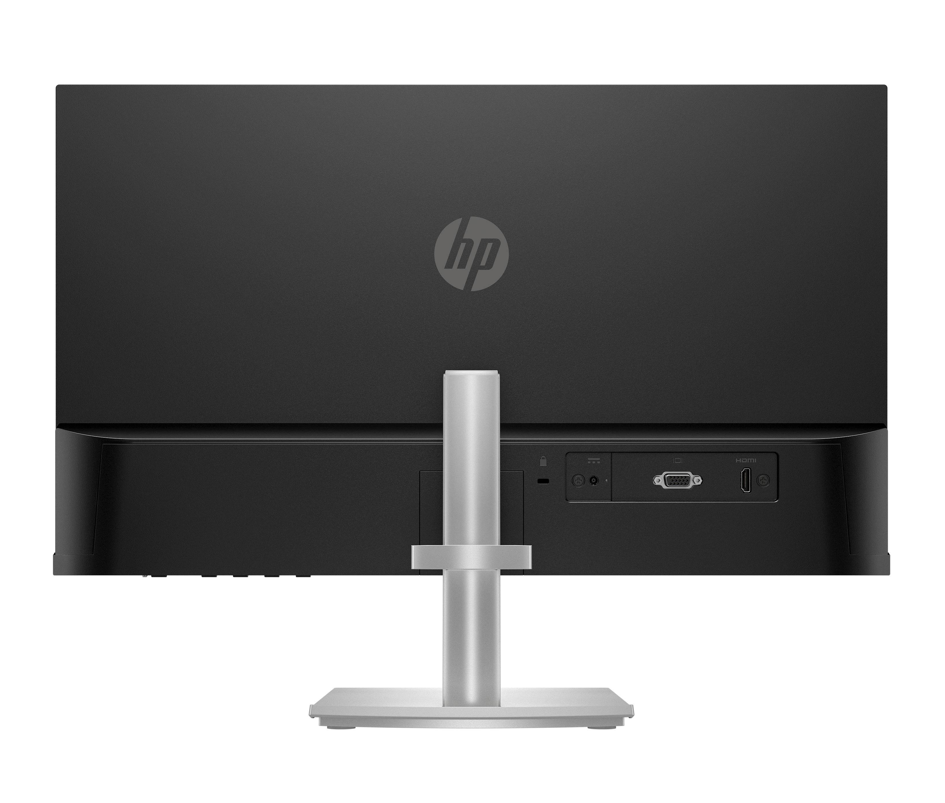 Rückseite eines schwarzen HP-Monitors mit silbernem Ständer. Anschlüsse und HP-Logo sichtbar.