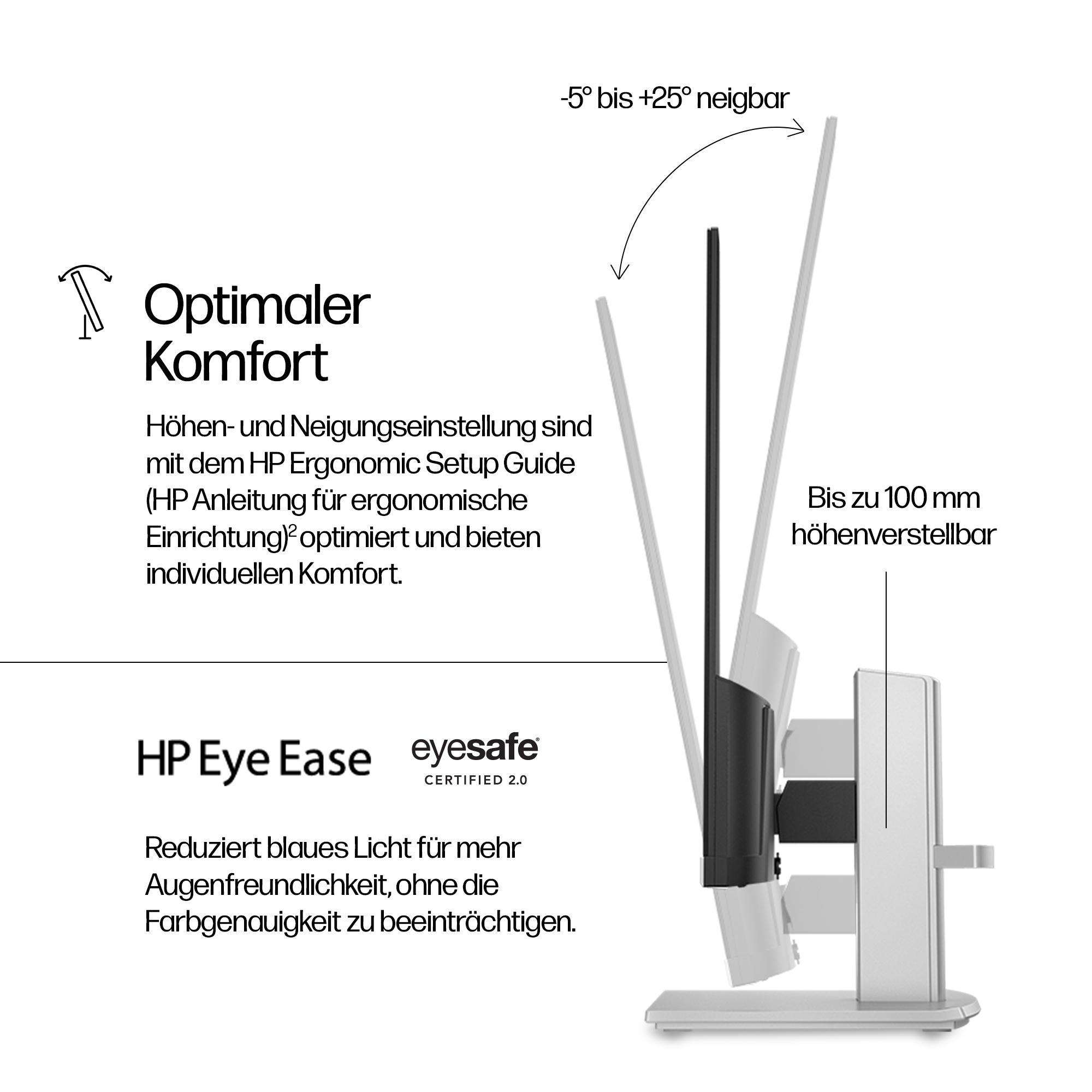 Diagramm eines Computermonitorständers, das Verstellbarkeit und ergonomische Merkmale zeigt. Text enthalten.