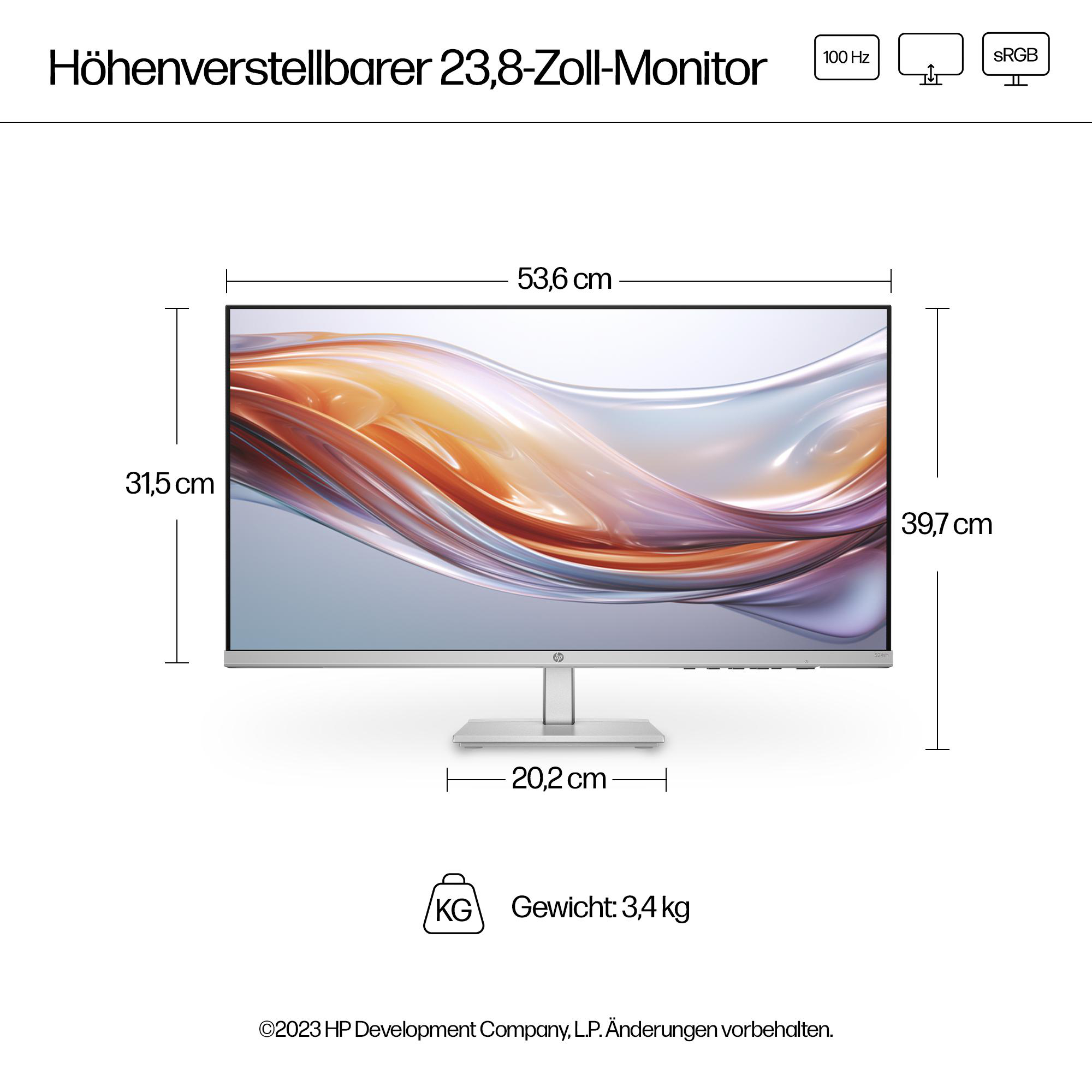 Ein silberner Monitor mit Messungen und Text. Ein Monitorständer ist sichtbar.