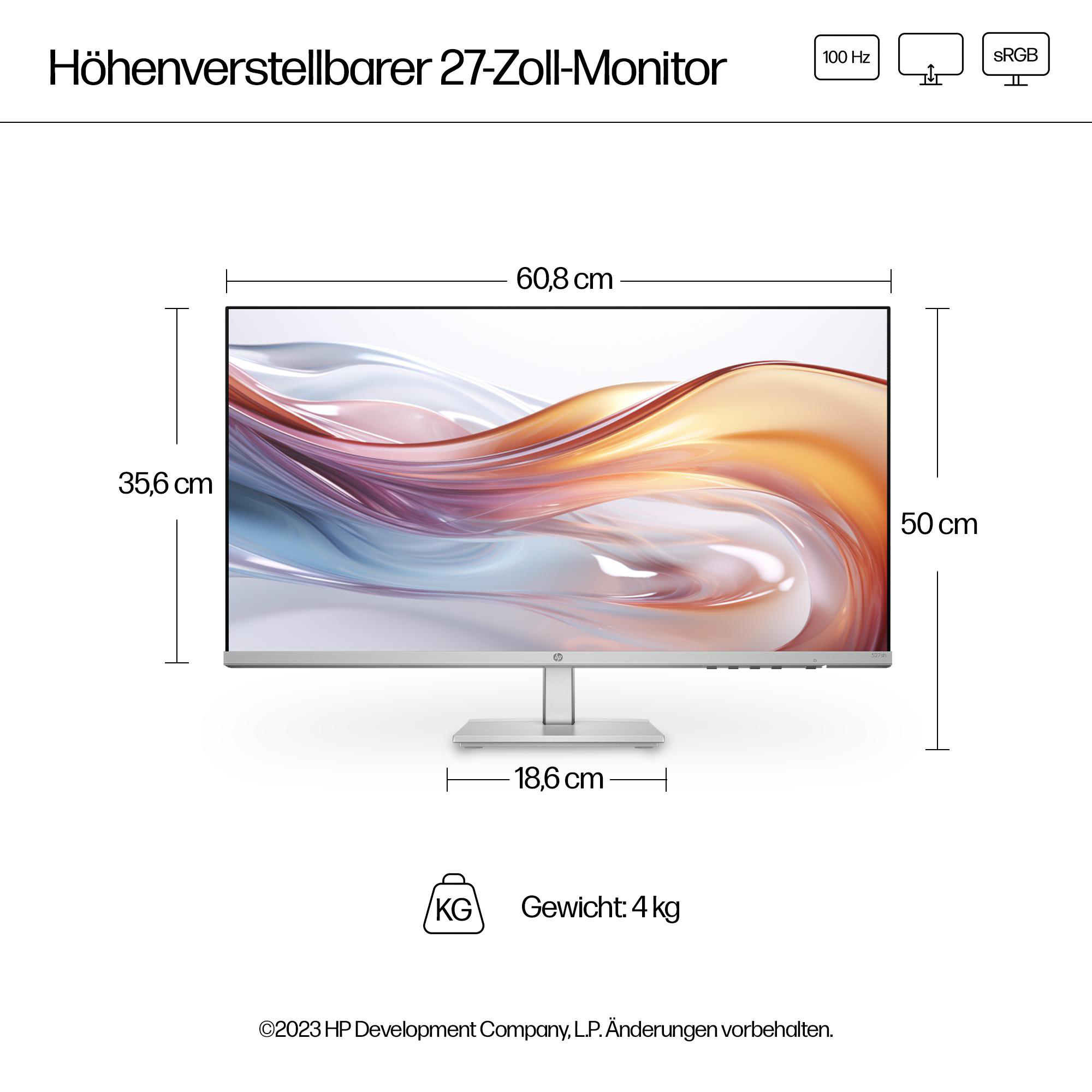 Ein 27-Zoll-Monitor mit Maßen und Text auf Deutsch. Zeigt ein farbenfrohes Bild.