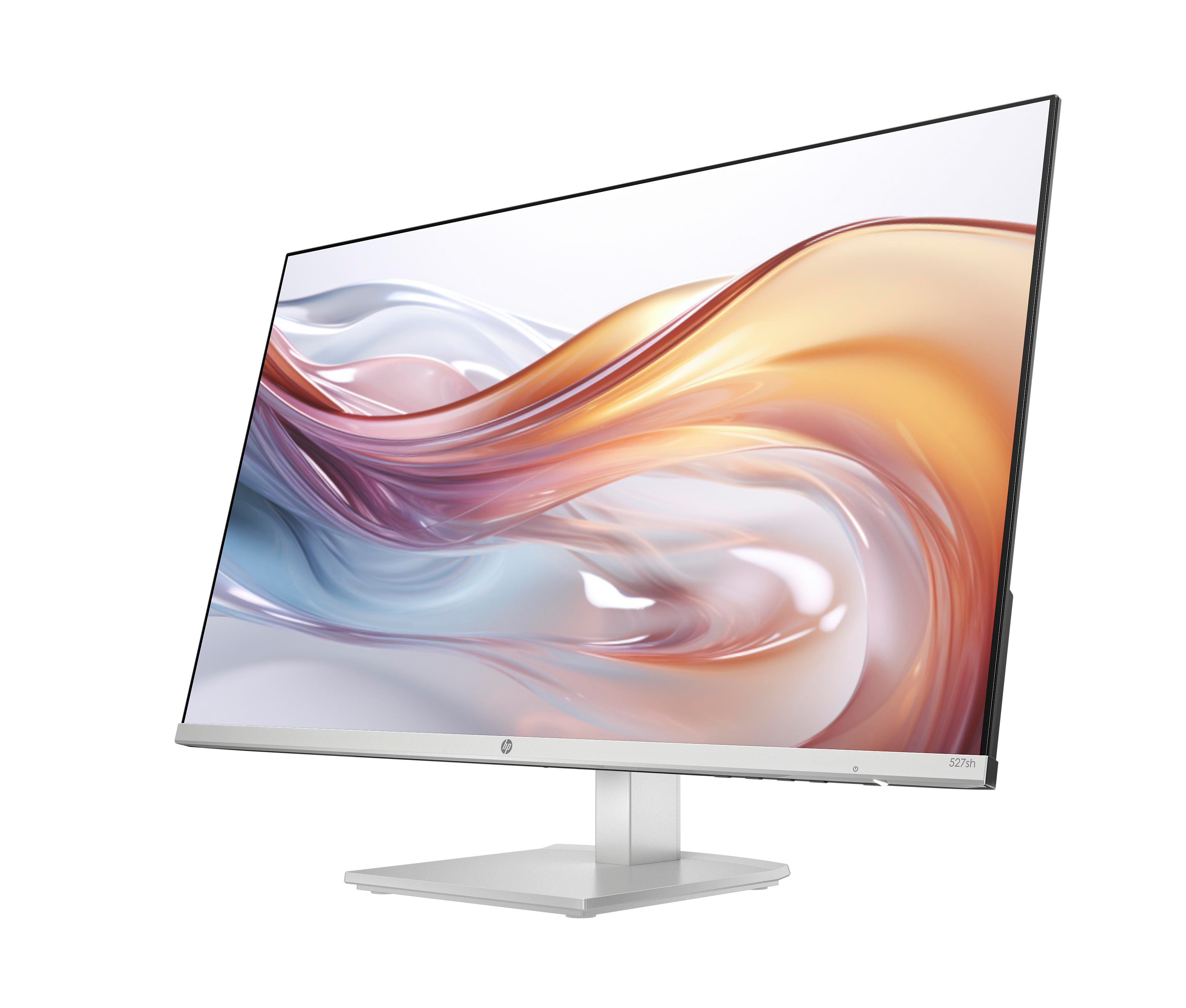 Ein Computermonitor mit weißem Ständer, der ein abstraktes, farbenfrohes Bild vor weißem Hintergrund zeigt.