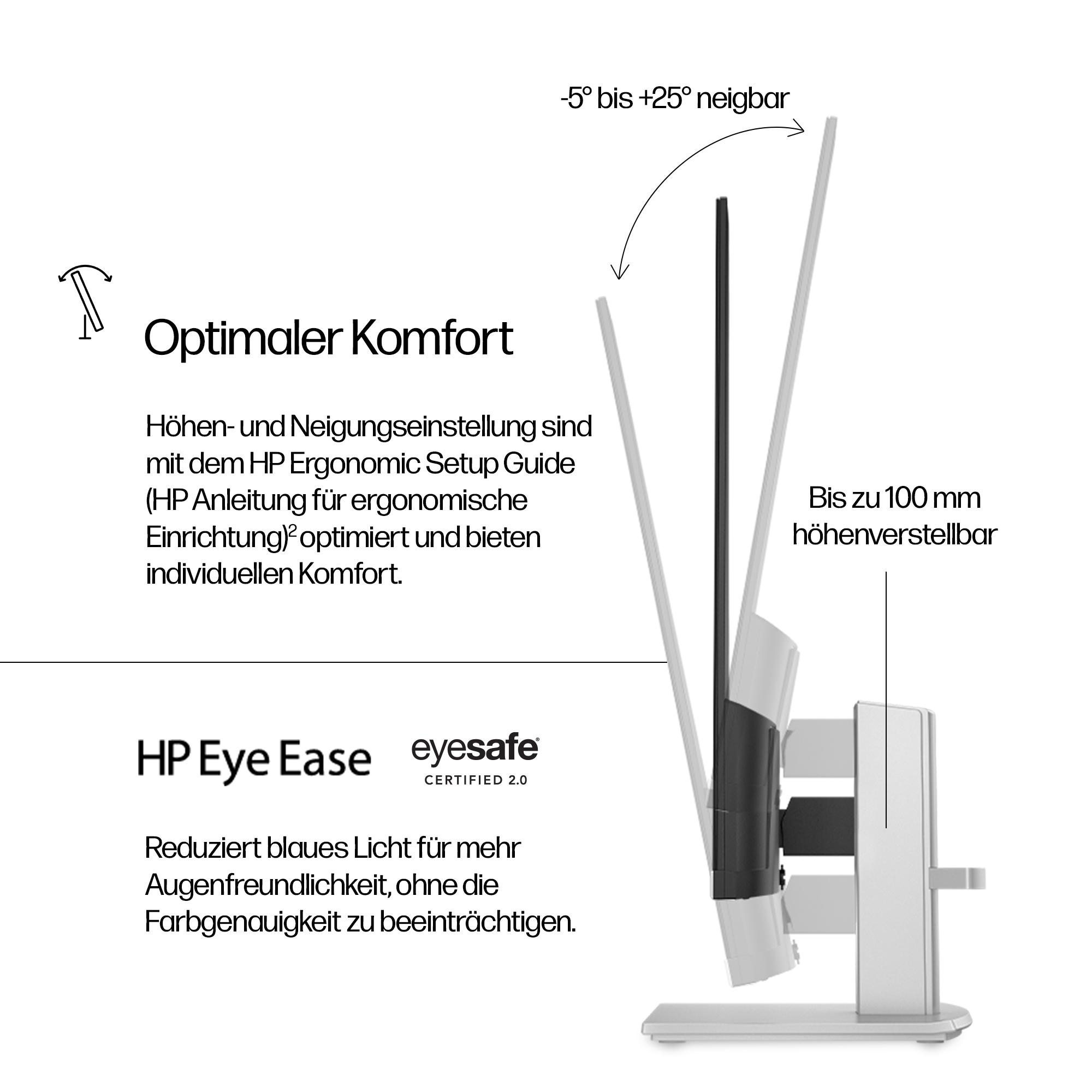 Ein Monitor mit Text und Diagrammen zum ergonomischen Komfort. Er hat höhen- und neigungsverstellbare Funktionen.