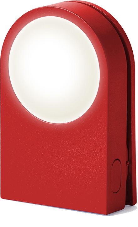 Czerwone światło w kształcie łuku z białym, okrągłym źródłem światła. Z boku ma przycisk.