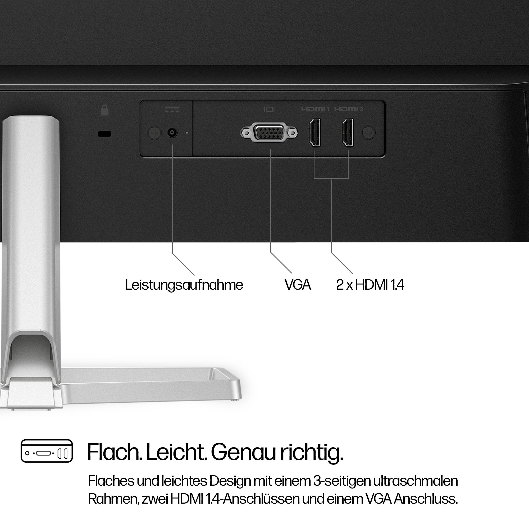 Rückseite des Monitors mit Anschlüssen: Strom, VGA und 2 HDMI. Der Ständer ist silber.