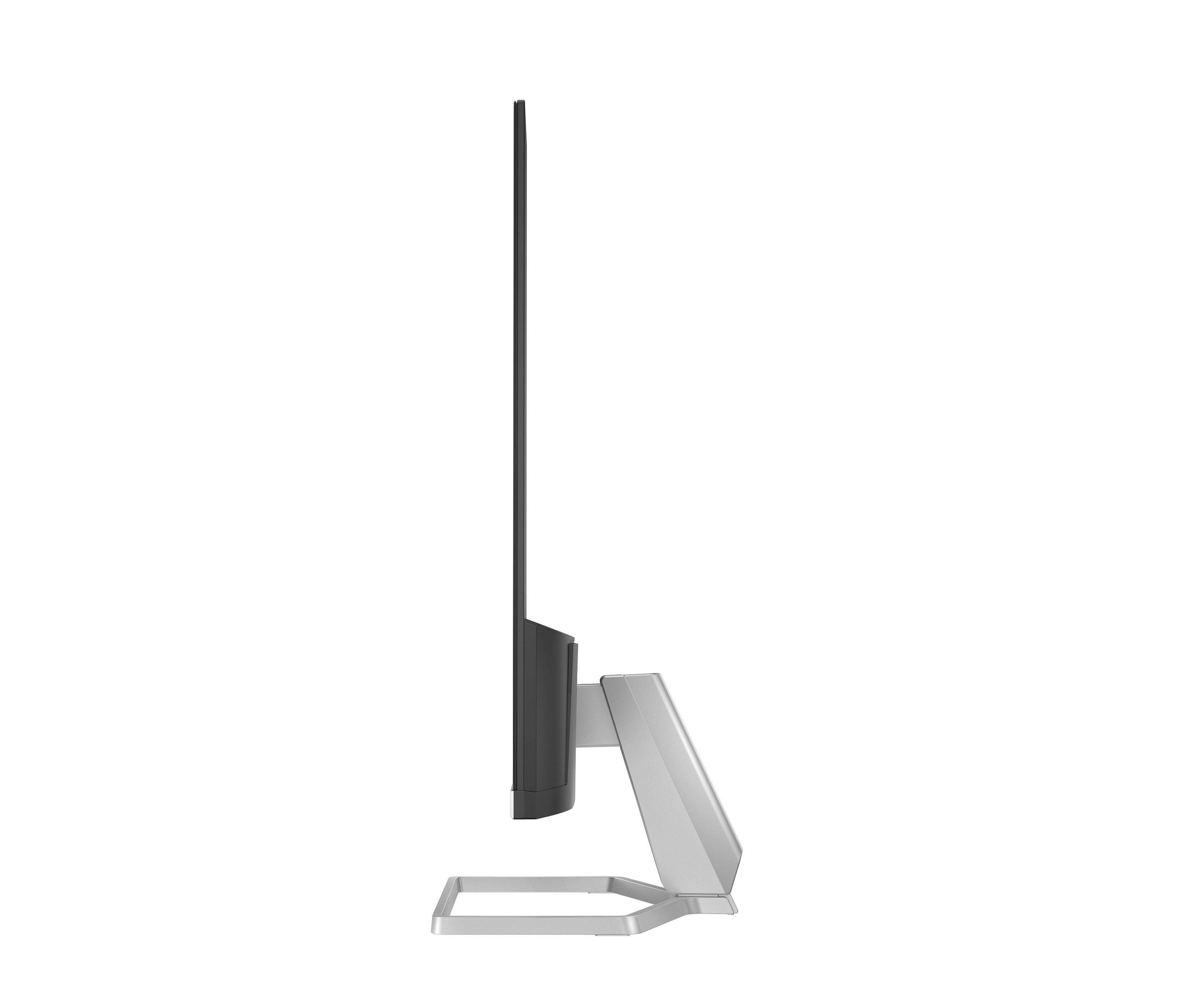 Seitenansicht eines Computermonitors. Er hat einen schwarzen Bildschirm, einen grauen Ständer und einen silbernen Sockel auf weißem Hintergrund.
