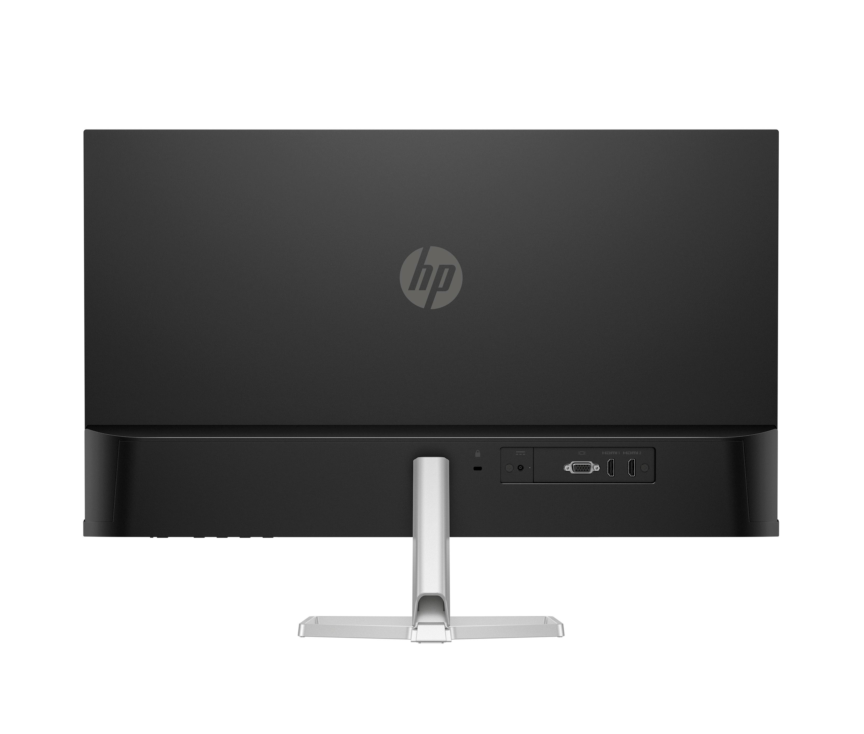 Rückseite eines schwarzen HP-Monitors. Hat ein Logo, Anschlüsse und einen Ständer.