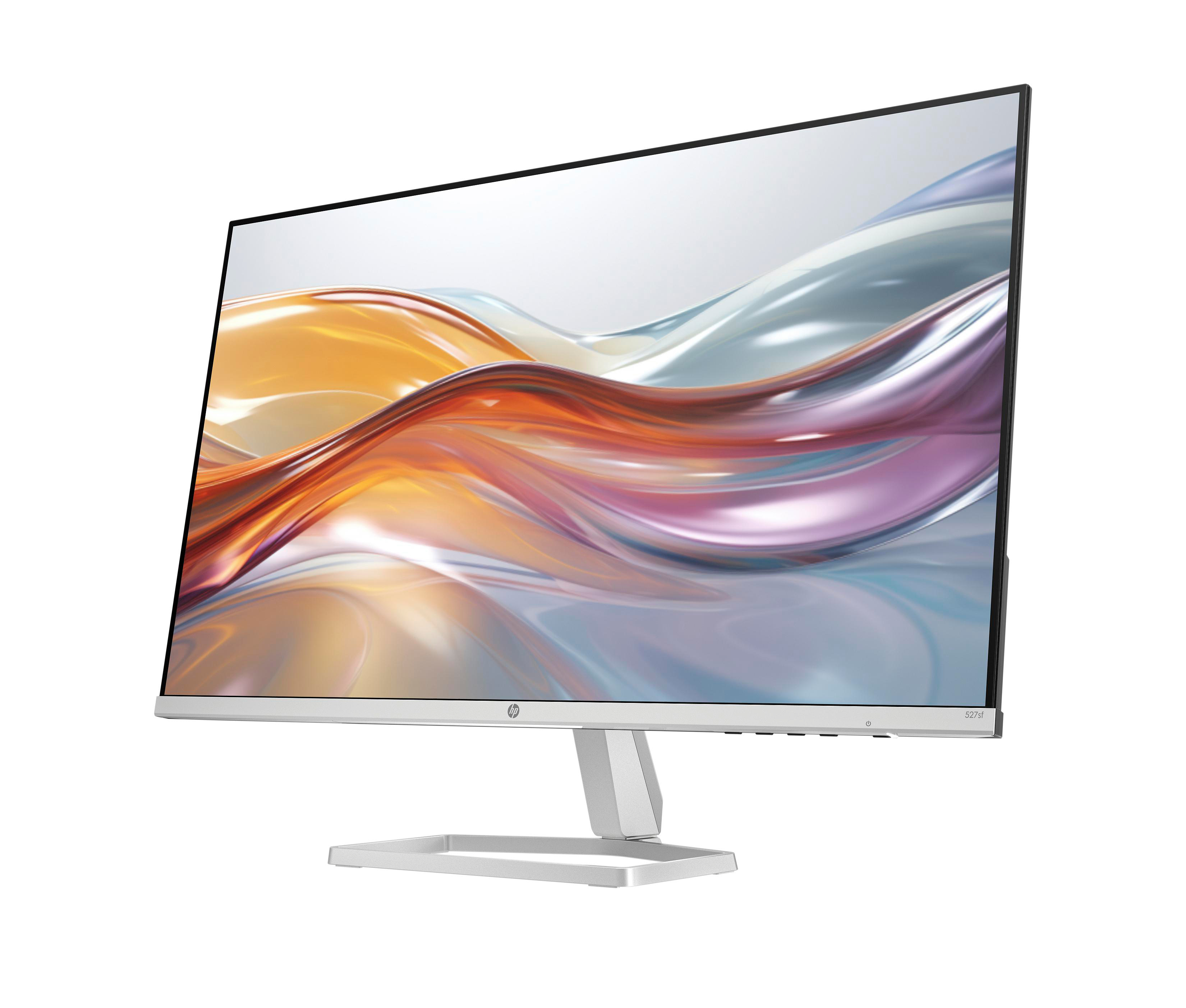 Ein HP-Monitor wird in einem Winkel auf weißem Hintergrund gezeigt. Der Bildschirm zeigt ein abstraktes farbenfrohes Muster.