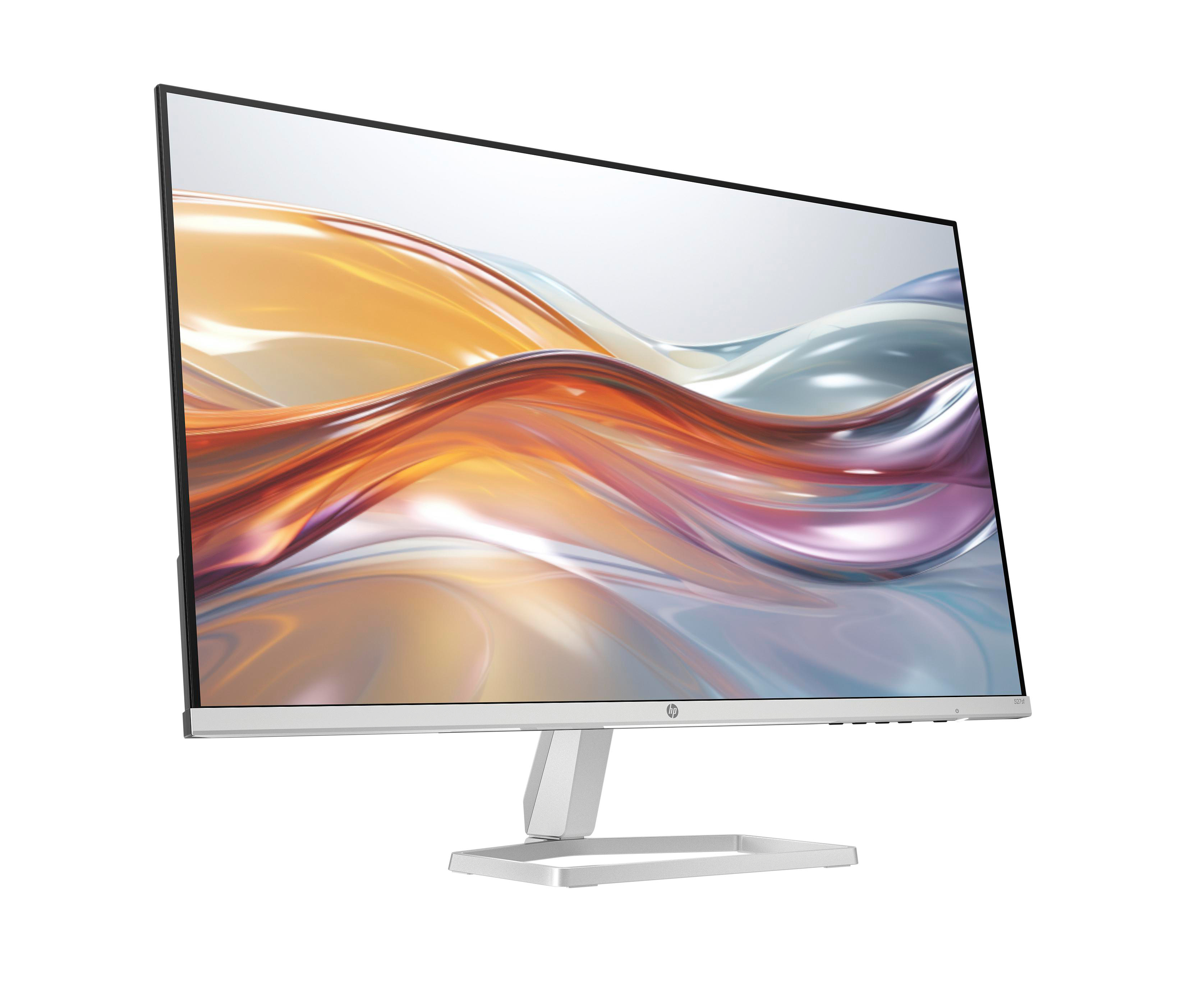 Ein HP-Computermonitor. Der Bildschirm zeigt ein abstraktes Design in Orange-, Gelb- und Blautönen. Der Ständer ist silberfarben.