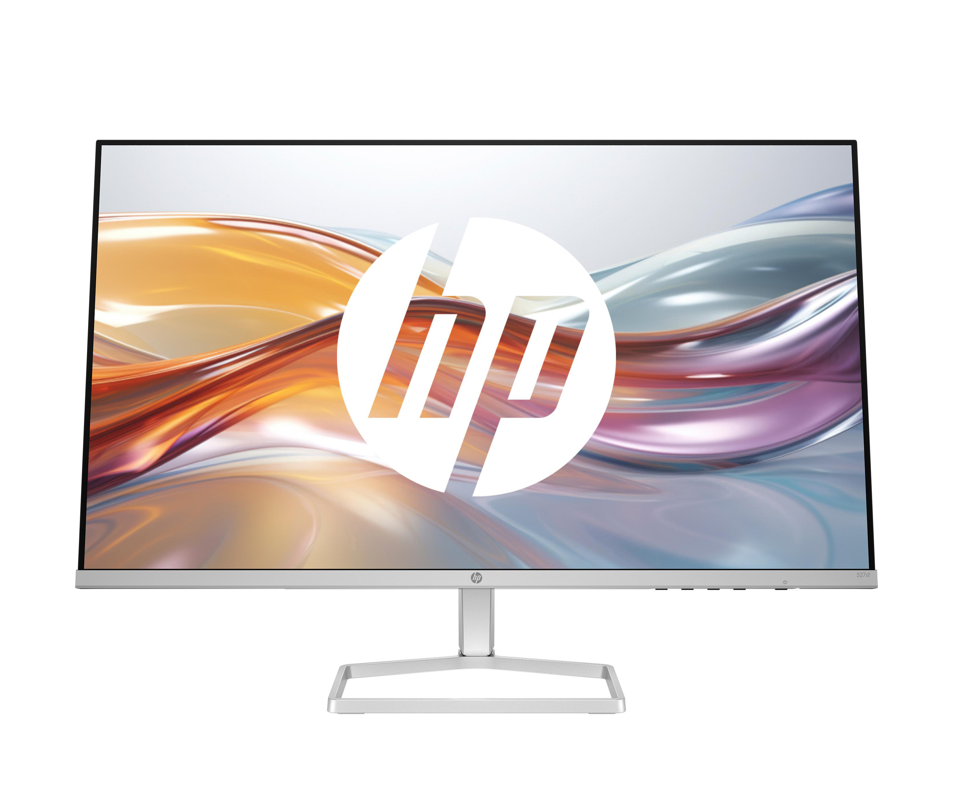HP-Monitor, silberner Rahmen, weißes Logo auf dem Bildschirm mit abstraktem, farbenfrohem Hintergrund.