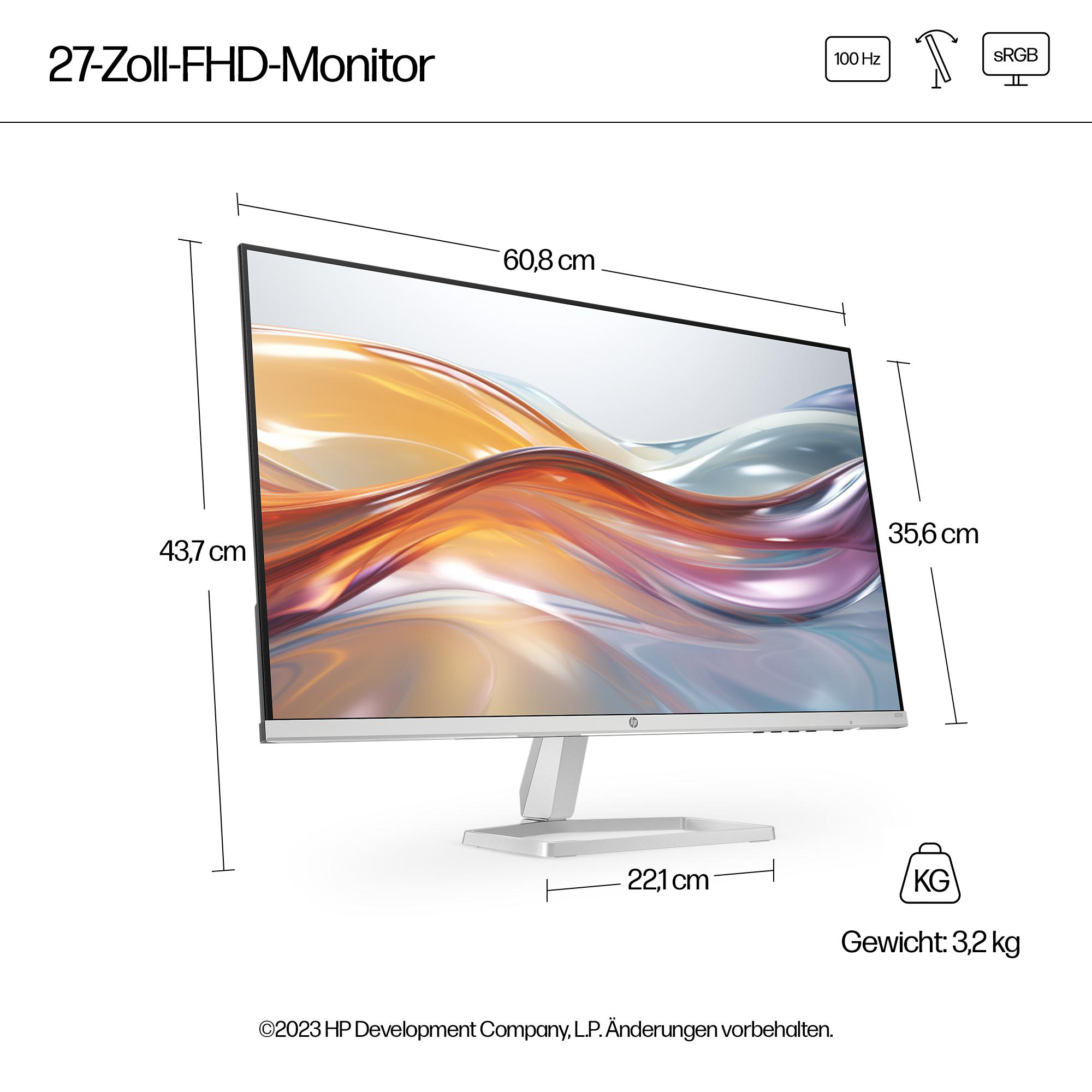 27-Zoll-FHD-Monitor. Abmessungen werden angezeigt. Er hat 100 Hz, sRGB und wiegt 3,2 kg. Der Bildschirm zeigt abstrakte Kunst.