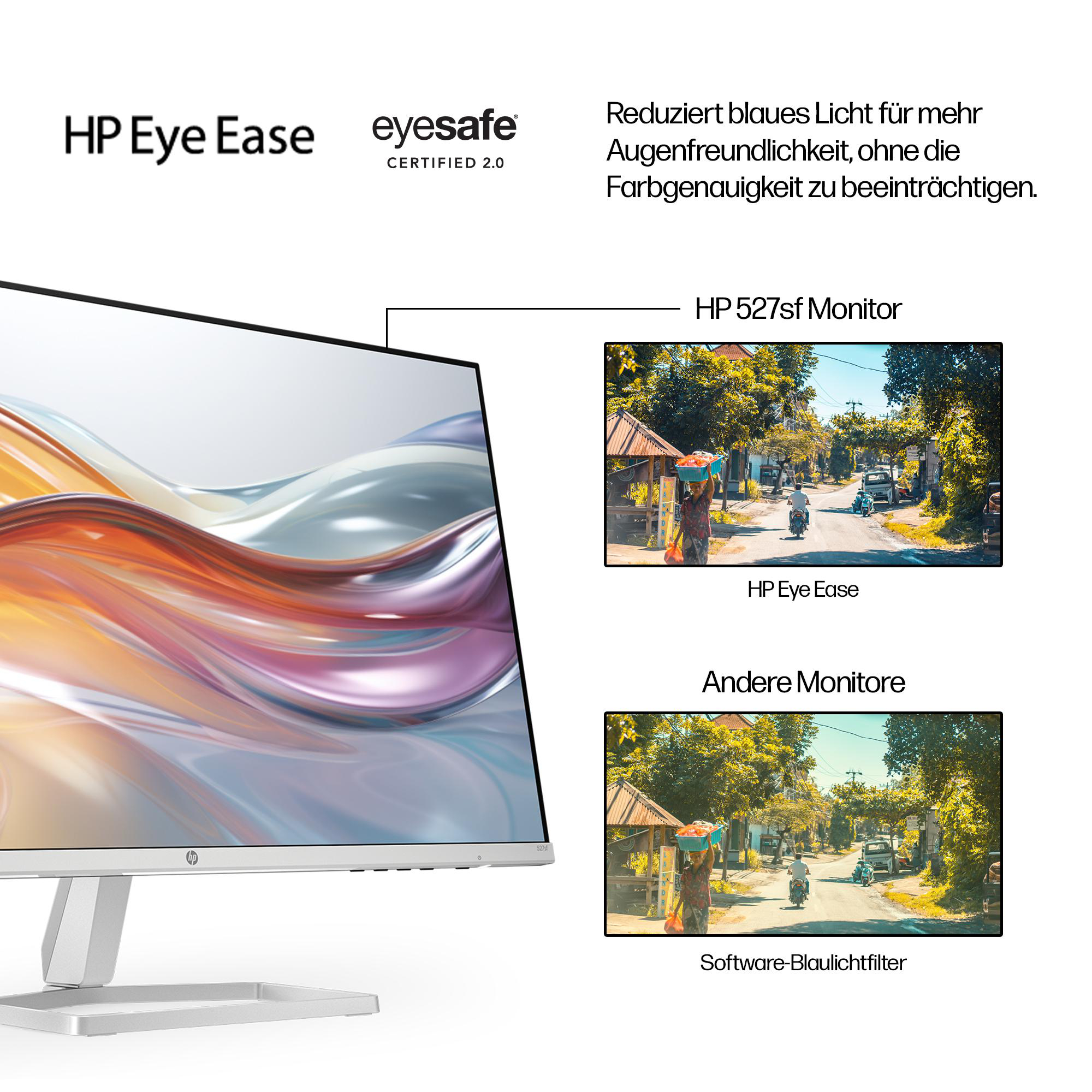 Ein HP-Monitor mit abstraktem, farbenfrohem Hintergrund. Eine Straßenszene wird gezeigt, die die HP Eye Ease-Technologie hervorhebt.