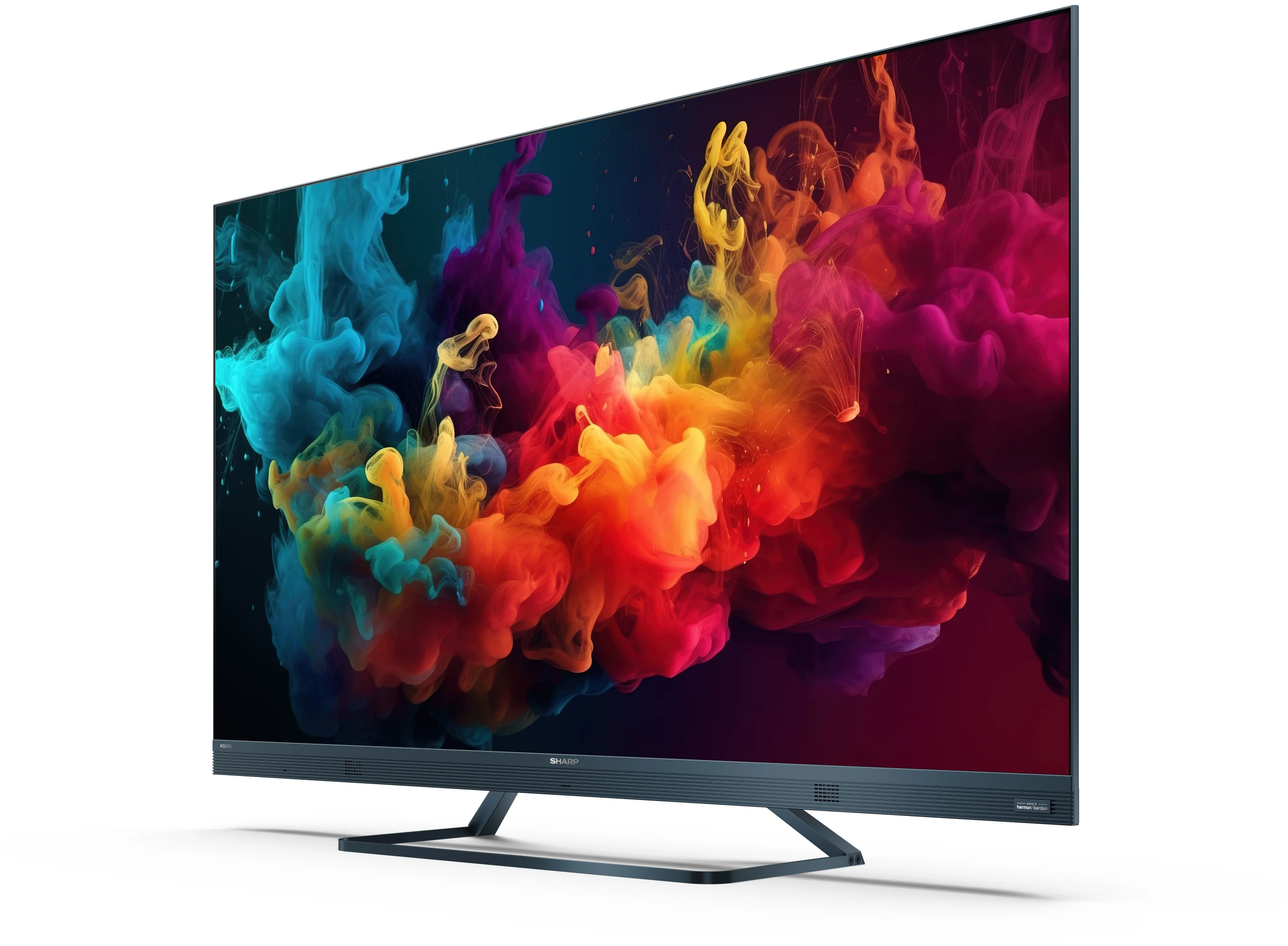 Nagy, modern TV képernyő, élénk, színes absztrakt művészettel.