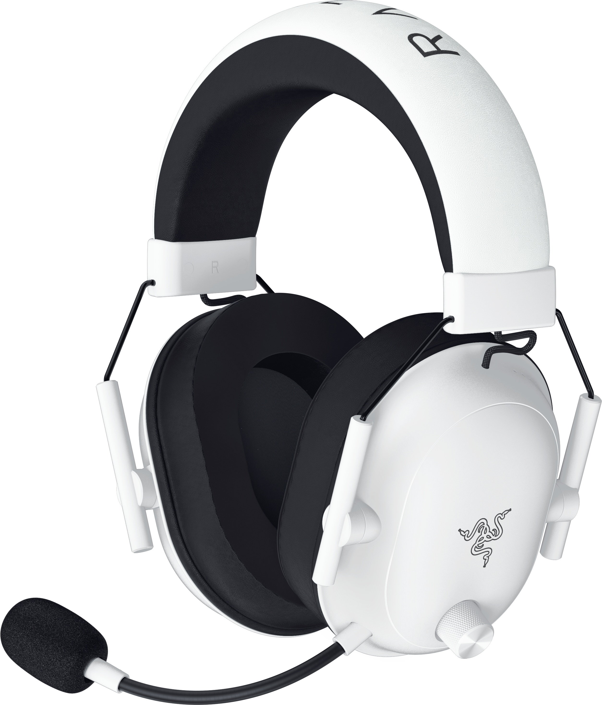 Cuffie da gioco bianche e nere con microfono e logo Razer. Isolato su bianco.
