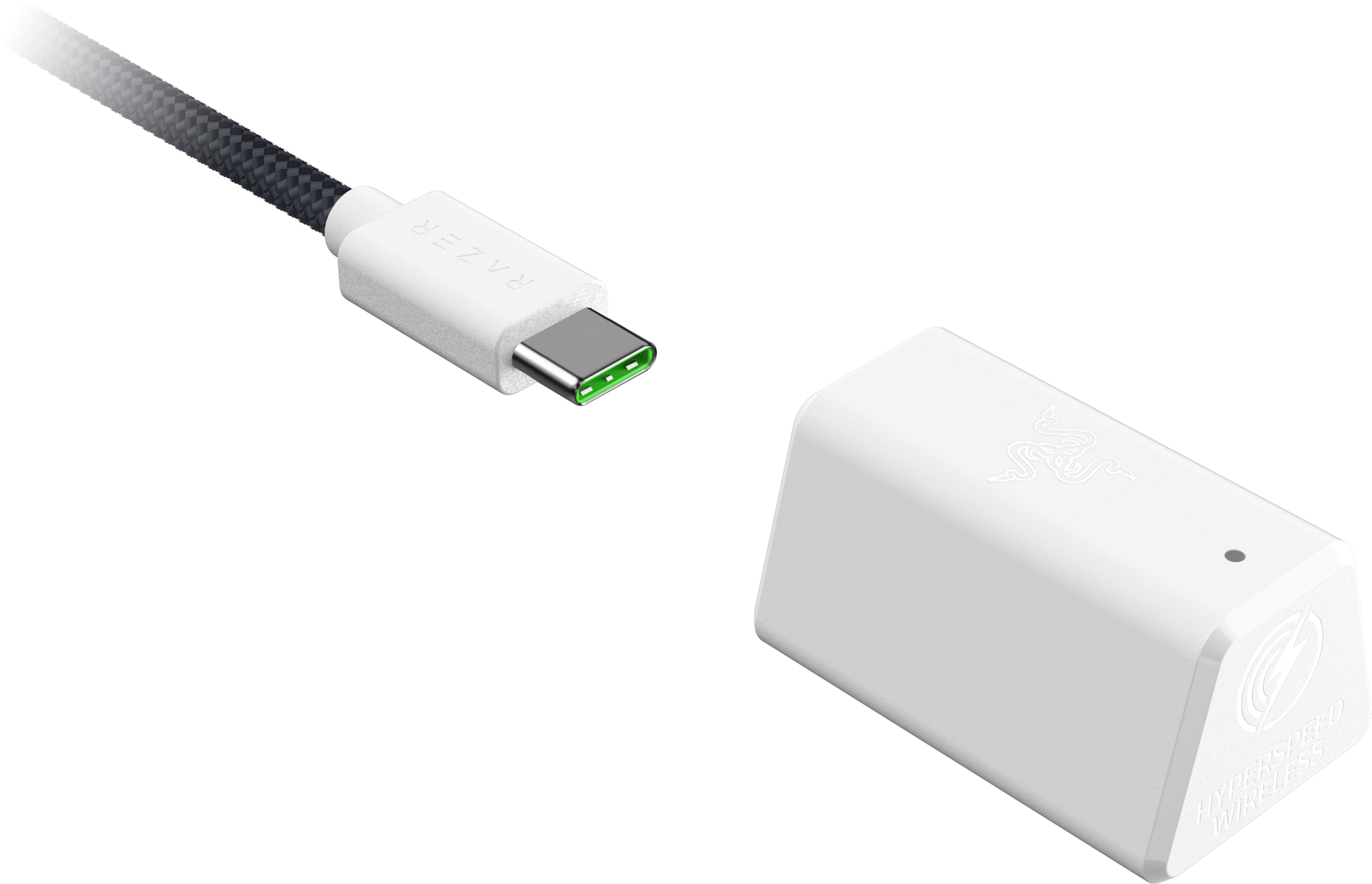 Dongle USB-C Razer bianco e un ricevitore wireless Razer HyperSpeed bianco, con logo Razer.