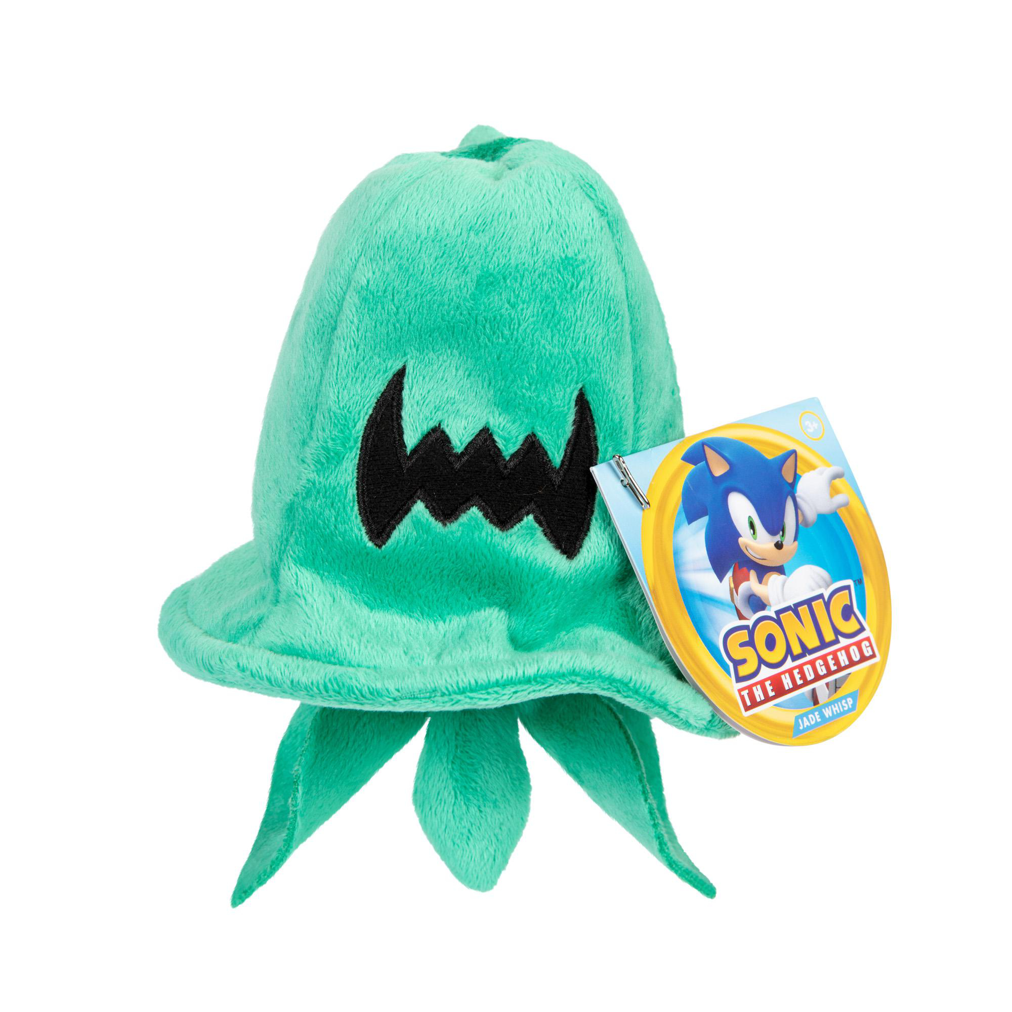 Ein grünes Plüschtier der Sonic the Hedgehog-Figur Jade Wisp, mit einem angehängten Etikett.