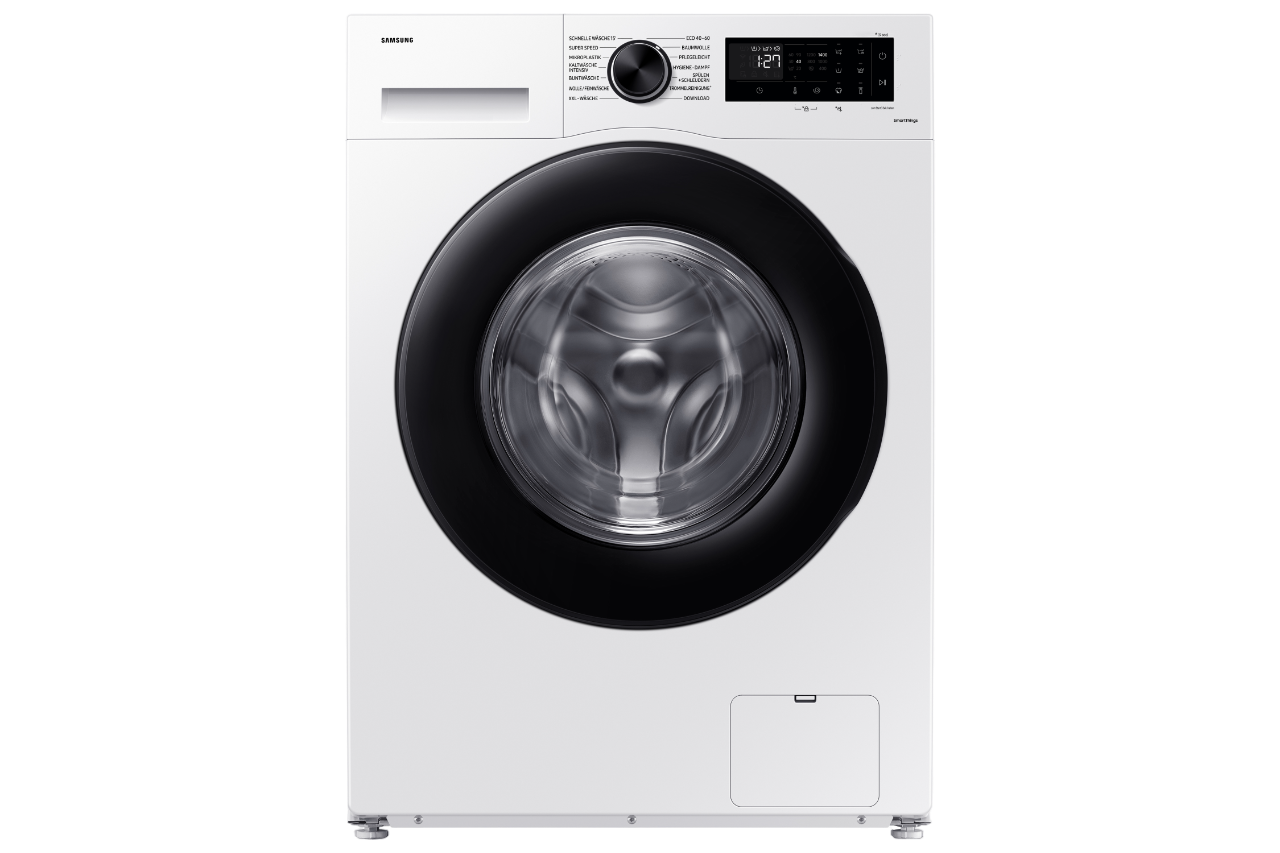 Weiße Samsung Waschmaschine mit schwarzer Tür und Bedienfeld.