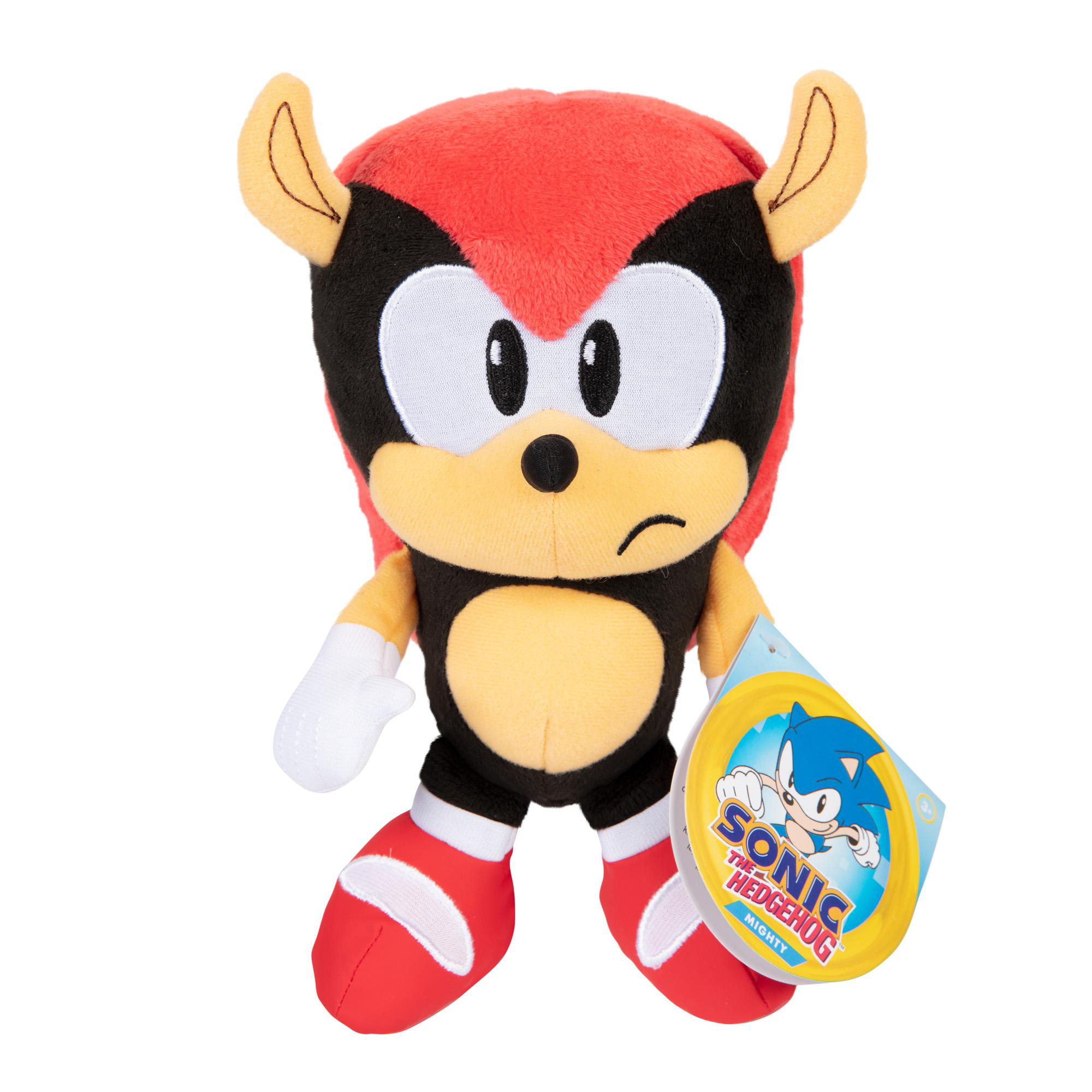 Ein Mighty the Armadillo Plüschtier von Sonic the Hedgehog. Es hat rote, schwarze und gelbe Farben.