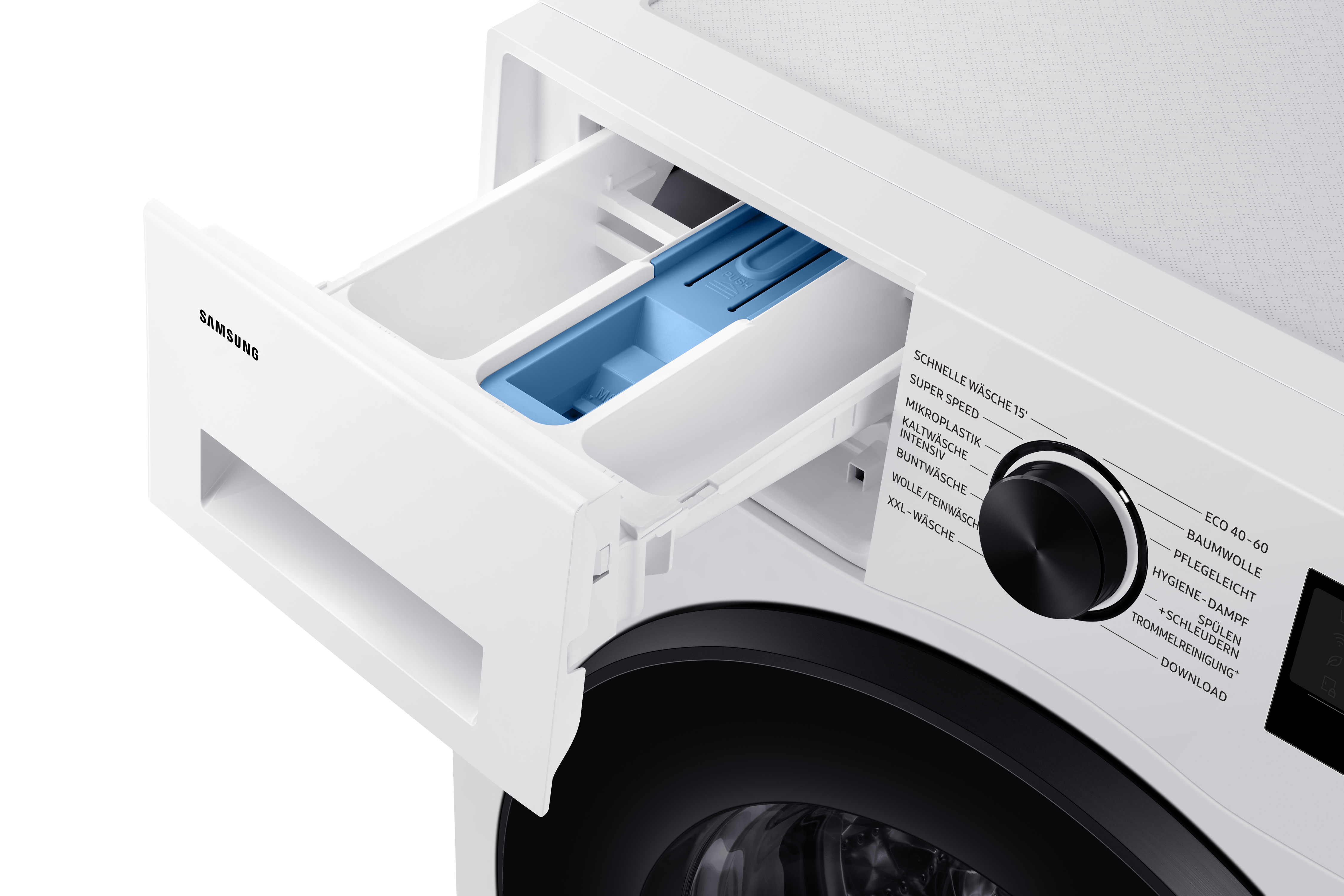 Eine weiße Waschmaschine mit geöffneter Waschmittelschublade. Details der Bedienelemente sind rechts sichtbar.