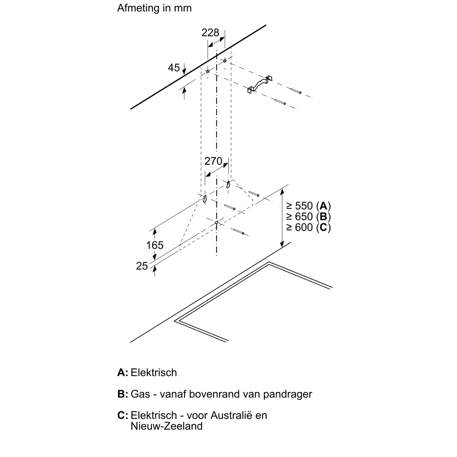 A diagram with measurements in mm. Shows a kitchen appliance installation guide.