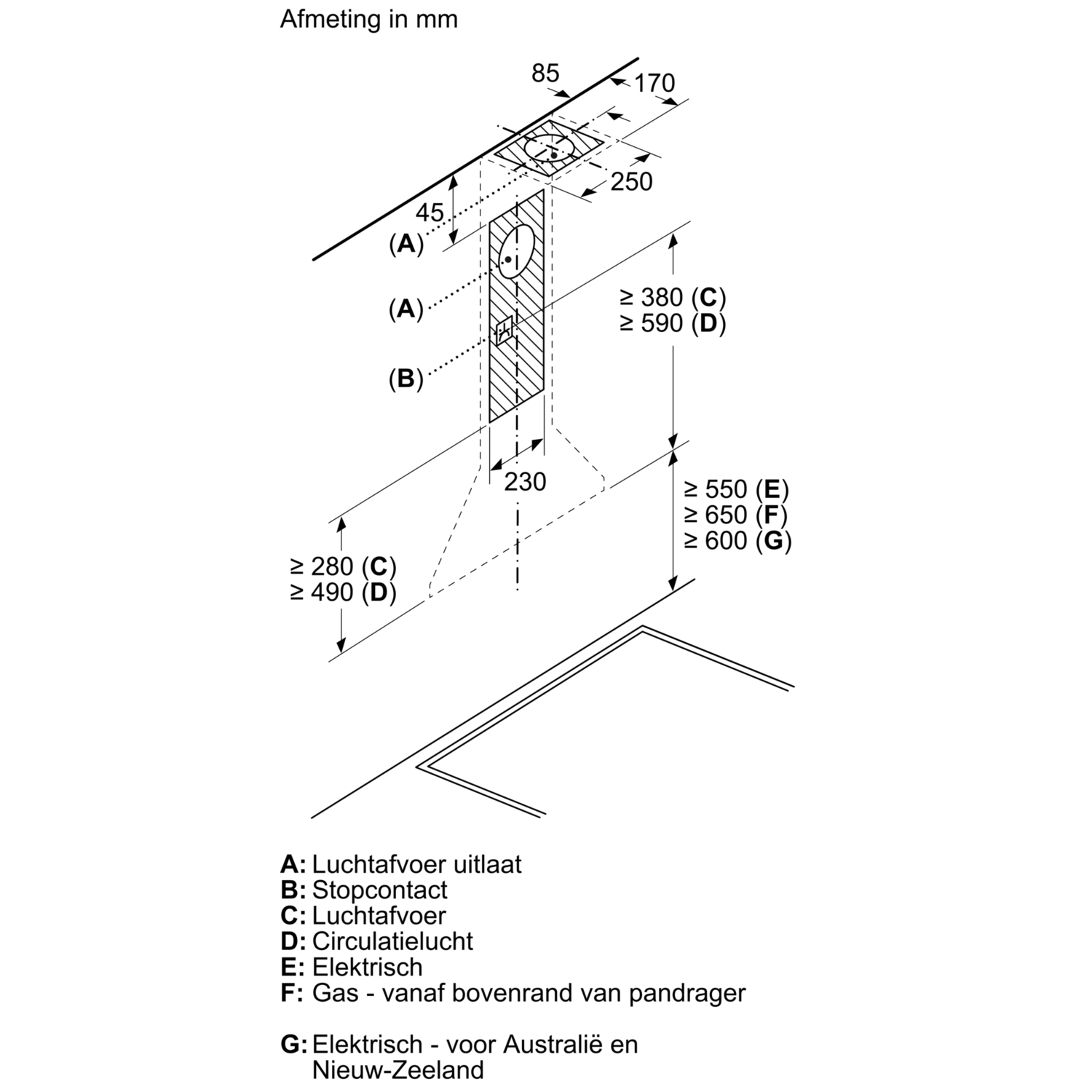 A technical drawing with dimensions and labels for a kitchen hood installation.