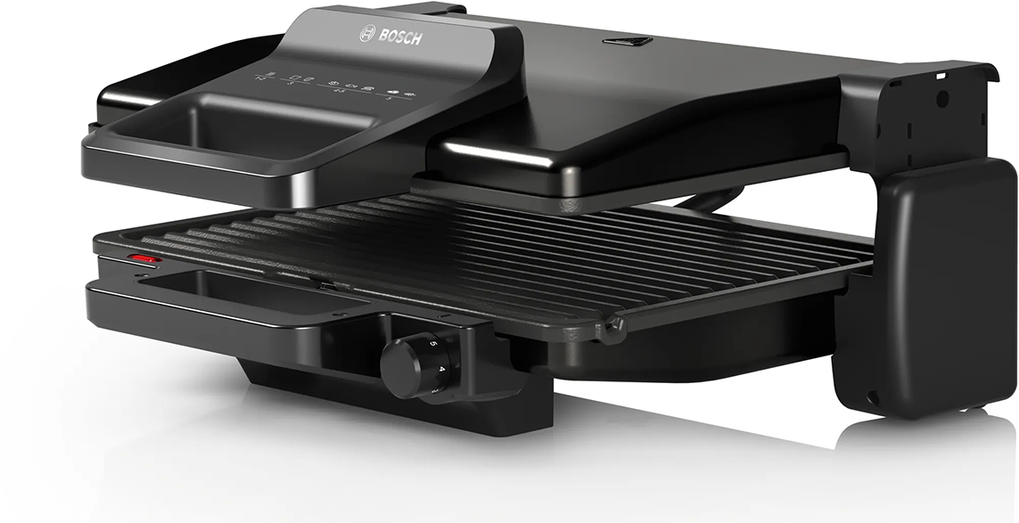Egy fekete Bosch grill látható fogantyúval és vezérlőpanellel. A grill nyitva van és újnak tűnik.