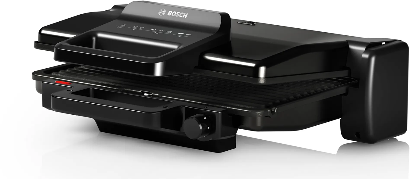 Egy fekete Bosch grill fogantyúval és vezérlőpanellel. Fehér felületen nyitva van.