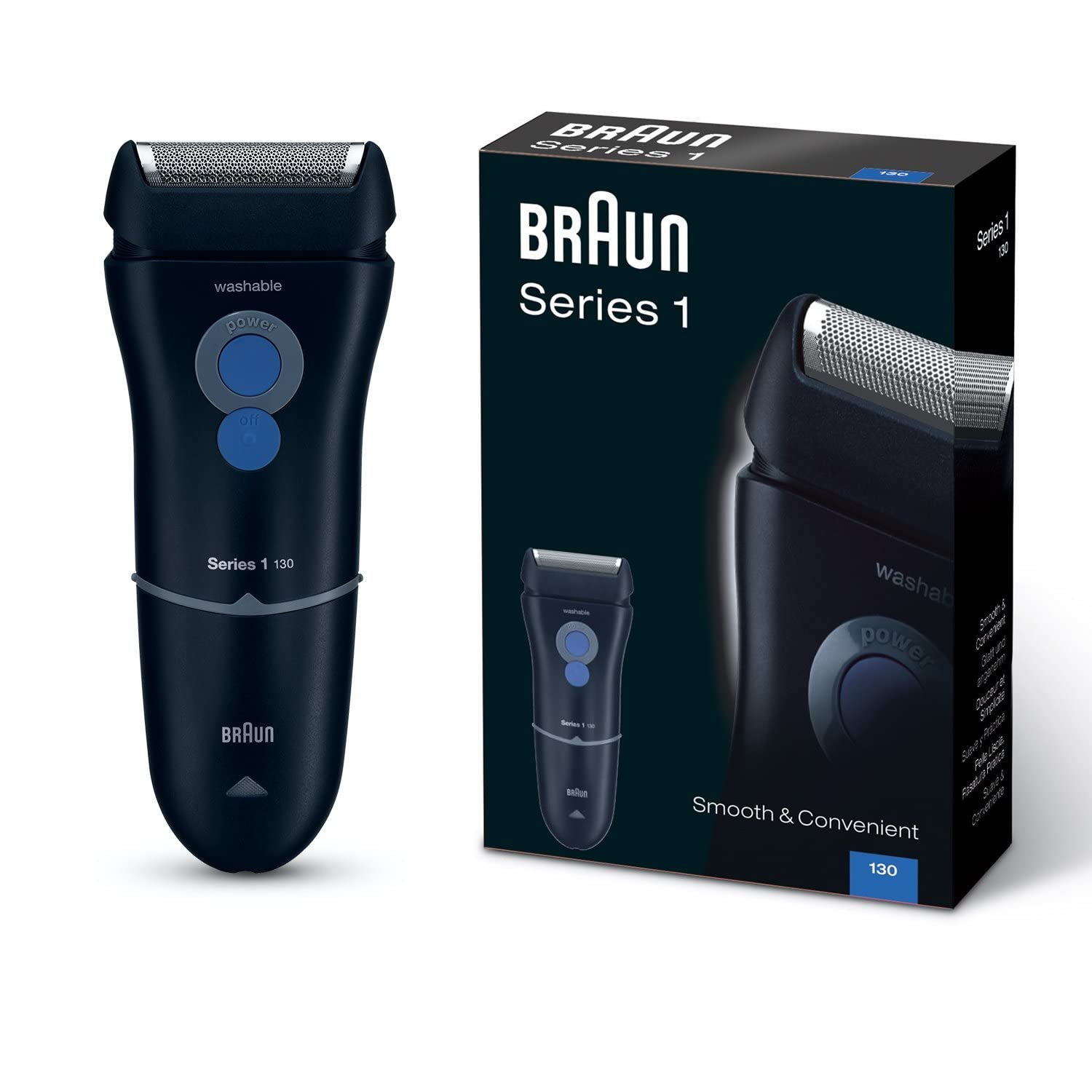 Czarna golarka elektryczna Braun Series 1 i jej opakowanie.