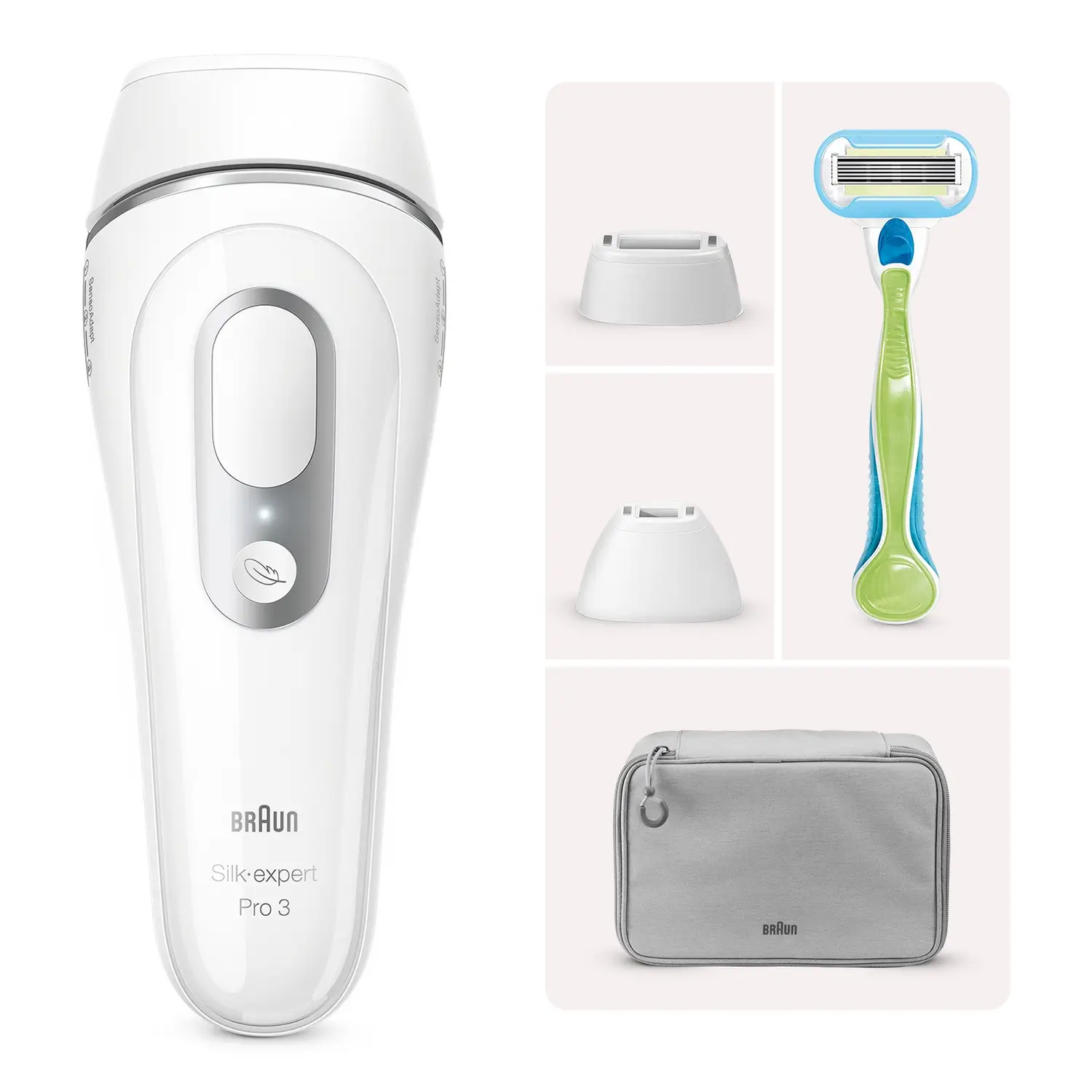 Fehér Braun Silk-expert Pro 3 epilátor, három tartozék és egy szürke utazótáska.