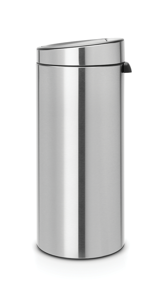 Ein hoher, silberner Brabantia-Mülleimer mit Deckel und schwarzem Griff.