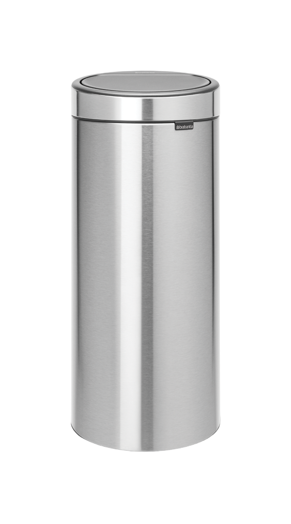 Edelstahl Brabantia Mülleimer. Zylindrische Form. Silberner Deckel.